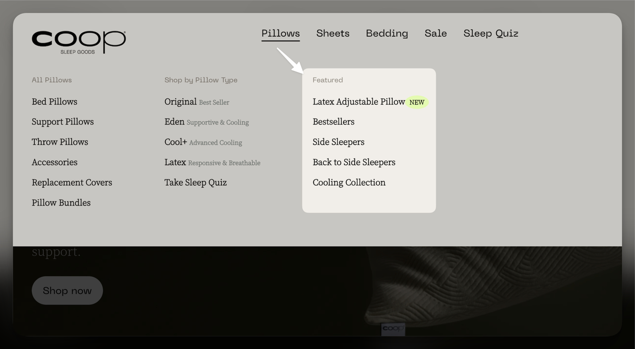 Coop Sleep Goods website showing Featured section in the Pillows dropdown with new and bestseller labels