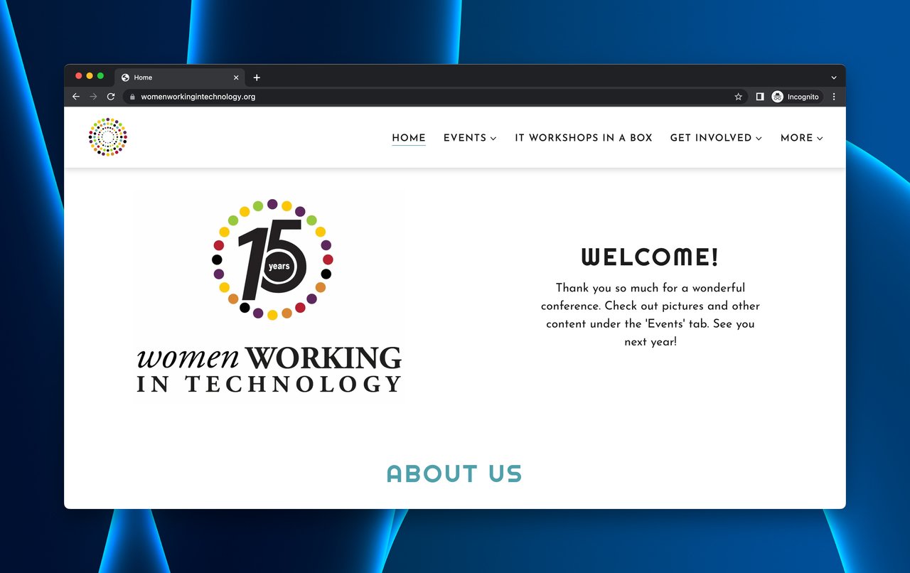 Women Working in Technology conference coming soon page with event details and speaker videos