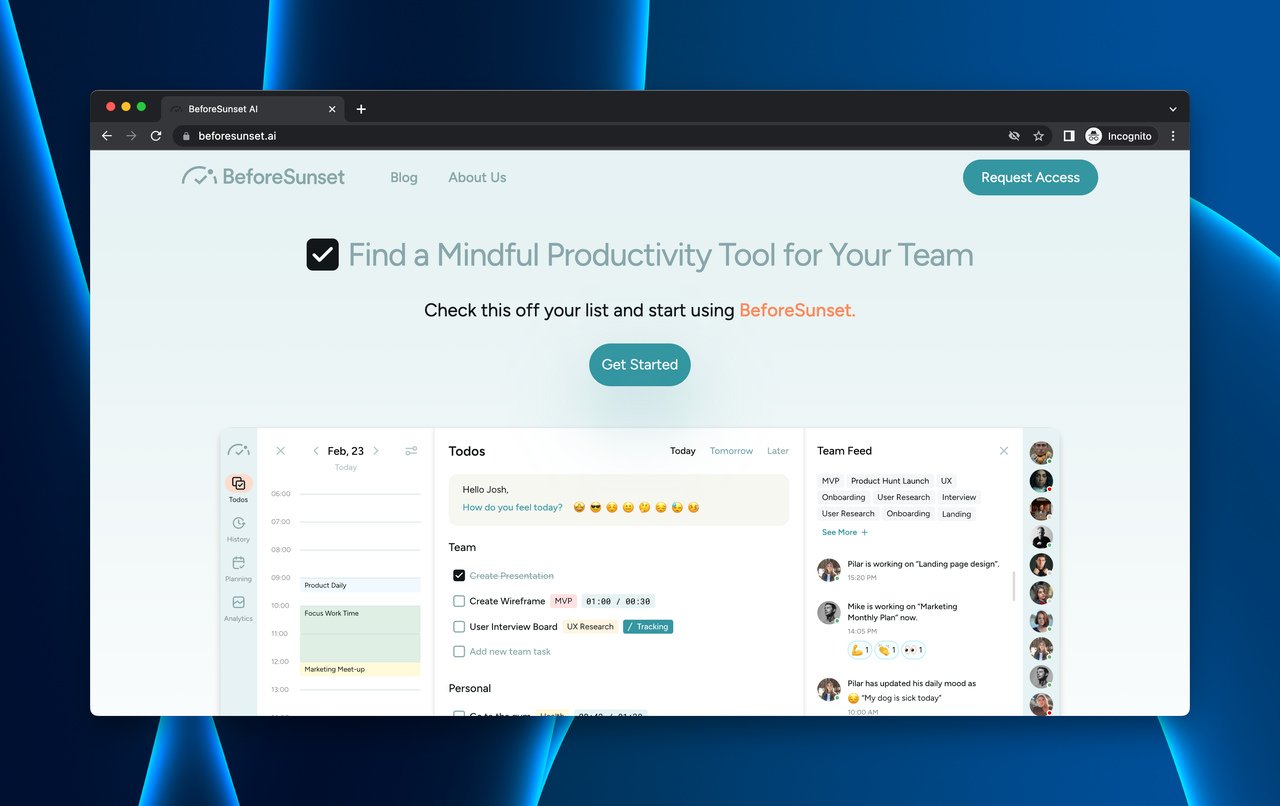 Before Sunset AI productivity app coming soon page with request access button and dashboard preview