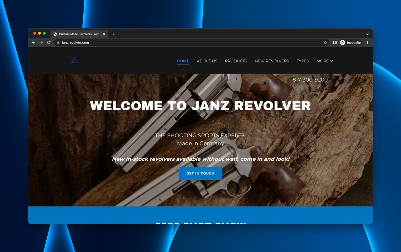 Janz Revolver German custom revolver brand coming soon landing page with minimal product info
