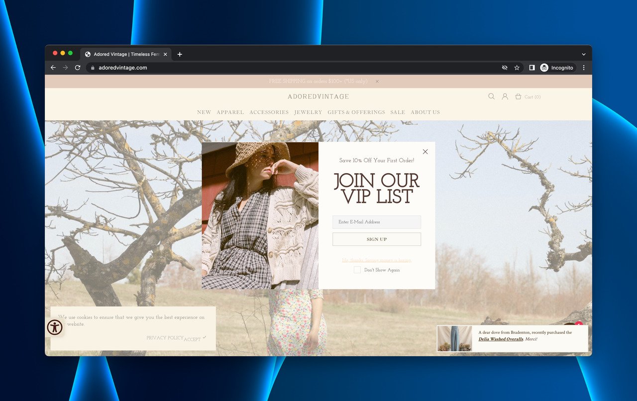 Adored Vintage coming soon landing page with VIP email popup collecting subscriber addresses
