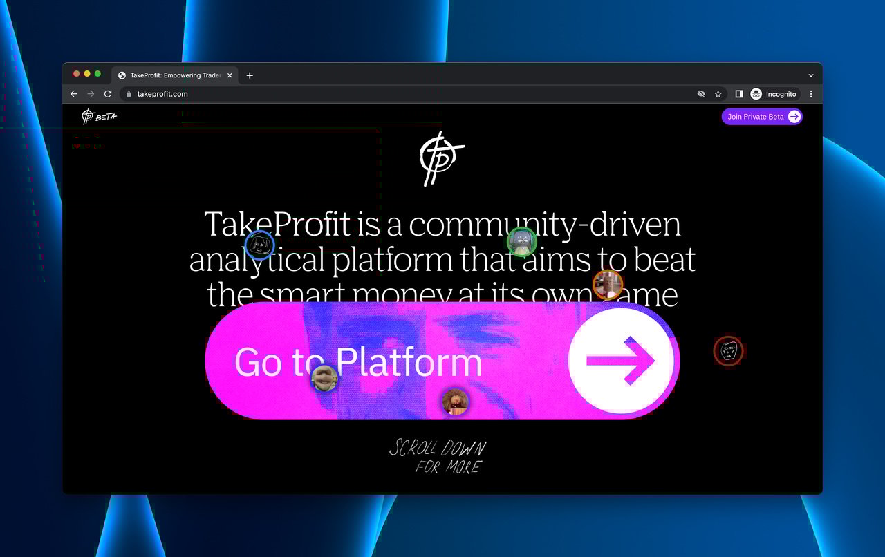 TakeProfit trading platform coming soon page with massive arrow CTA on dark background