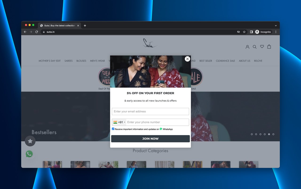 Suta Indian handcrafted saree brand newsletter popup offering early access to new collections