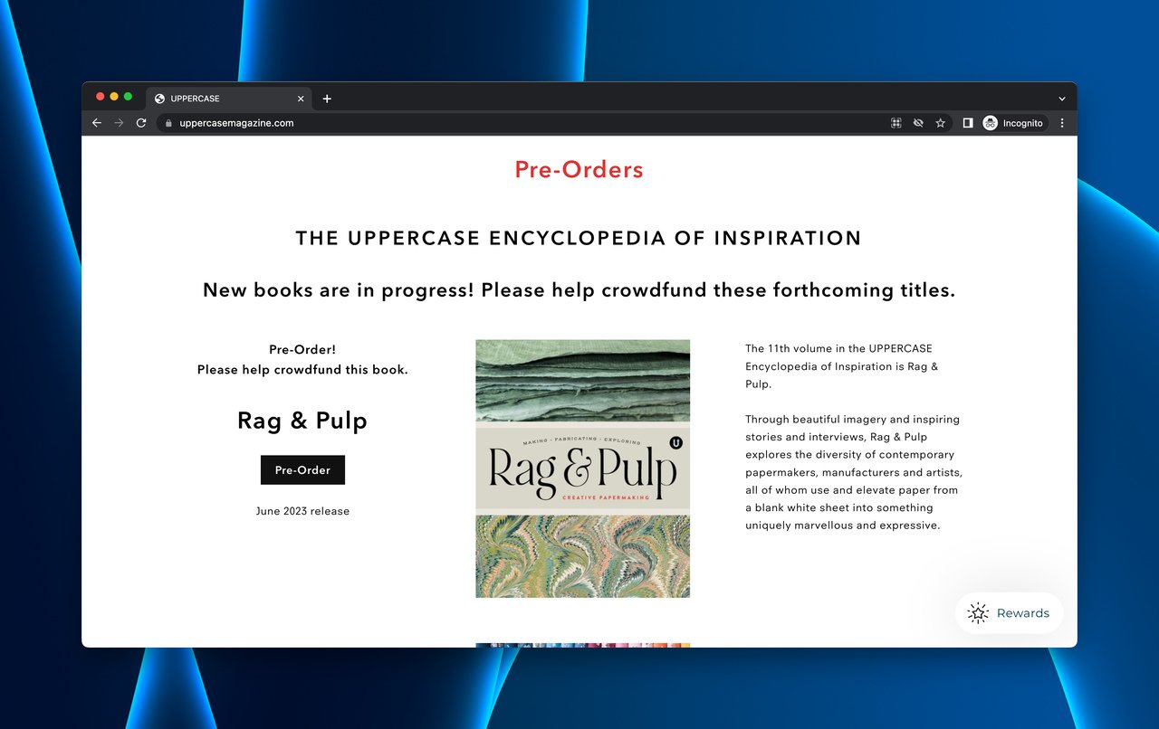 Uppercase Magazine pre-order section showing upcoming quarterly publications with release dates