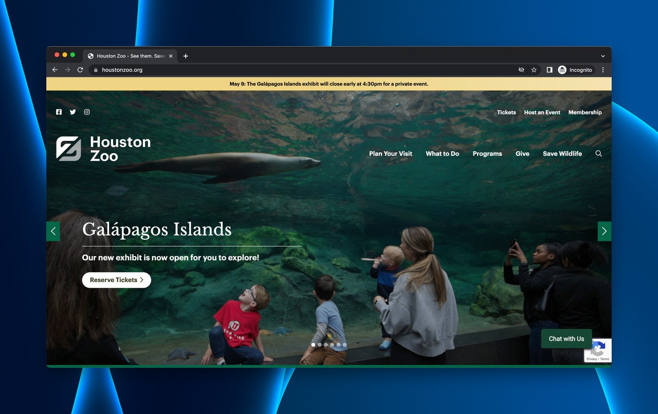 Houston Zoo coming soon landing page showing upcoming event reservations and schedule with ticket booking