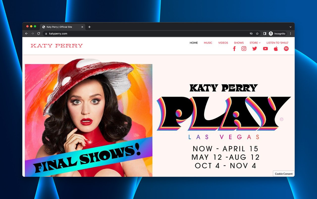 Katy Perry official website showing upcoming concert tour dates and merchandise as coming soon content