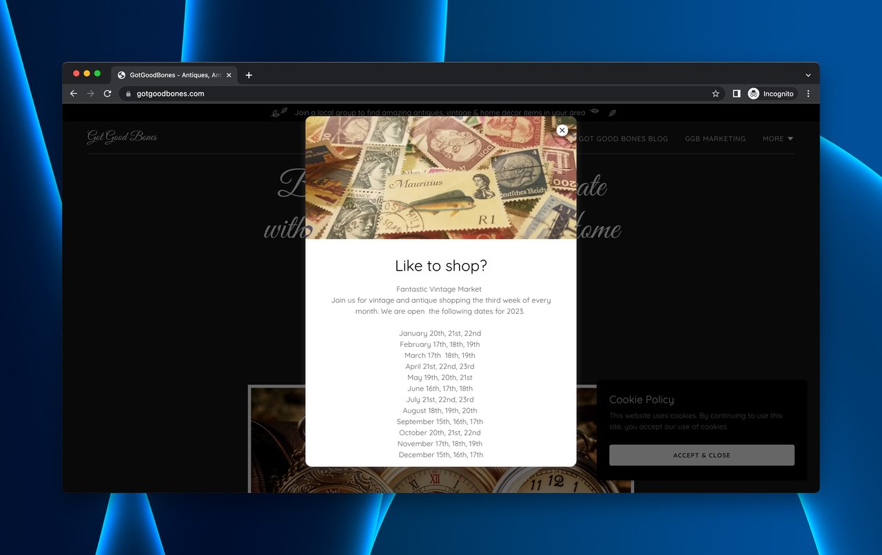 Got Good Bones antique marketplace coming soon page with auction date popup and welcome info