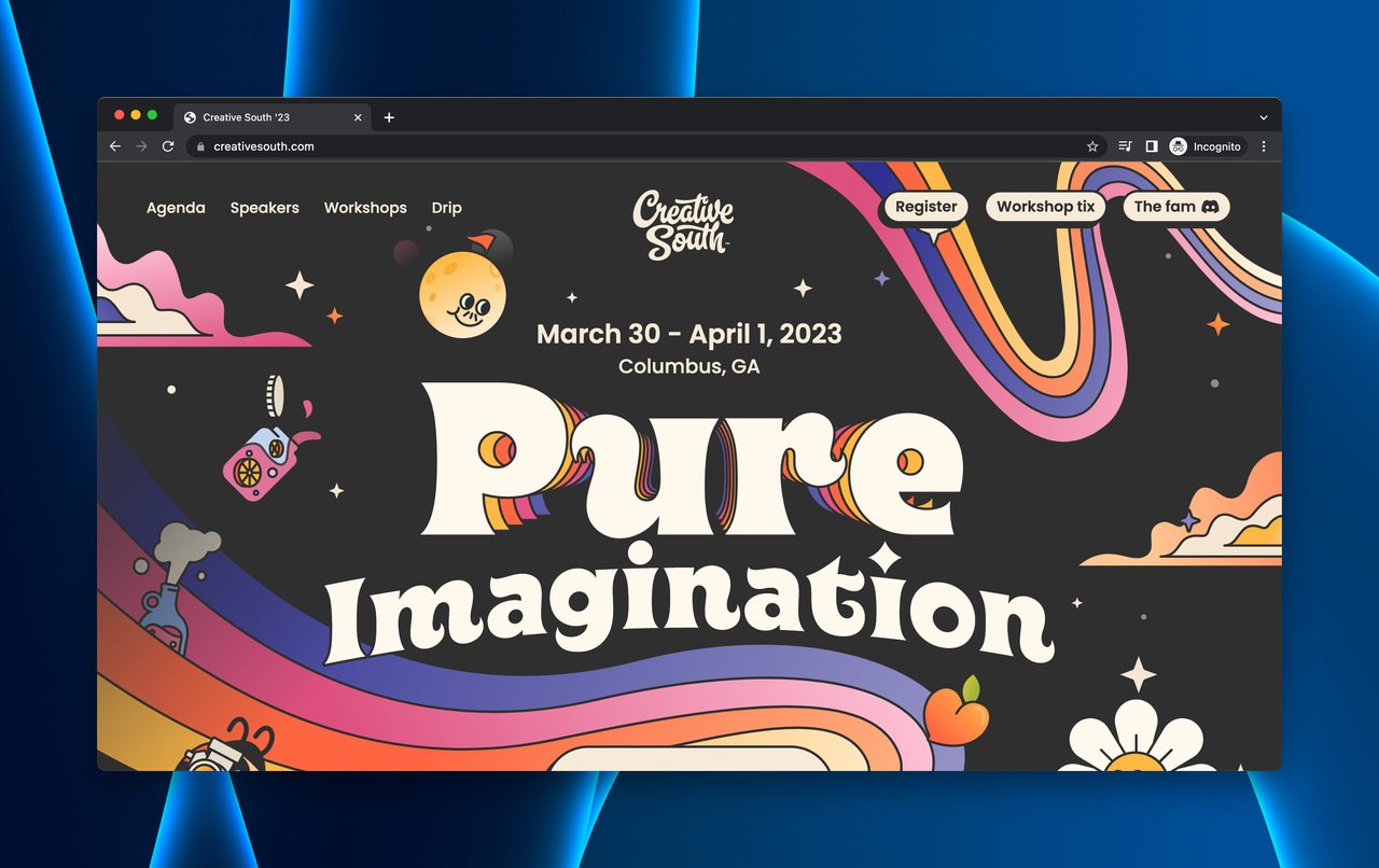 Creative South art and design conference coming soon page with colorful event schedule and ticket sales