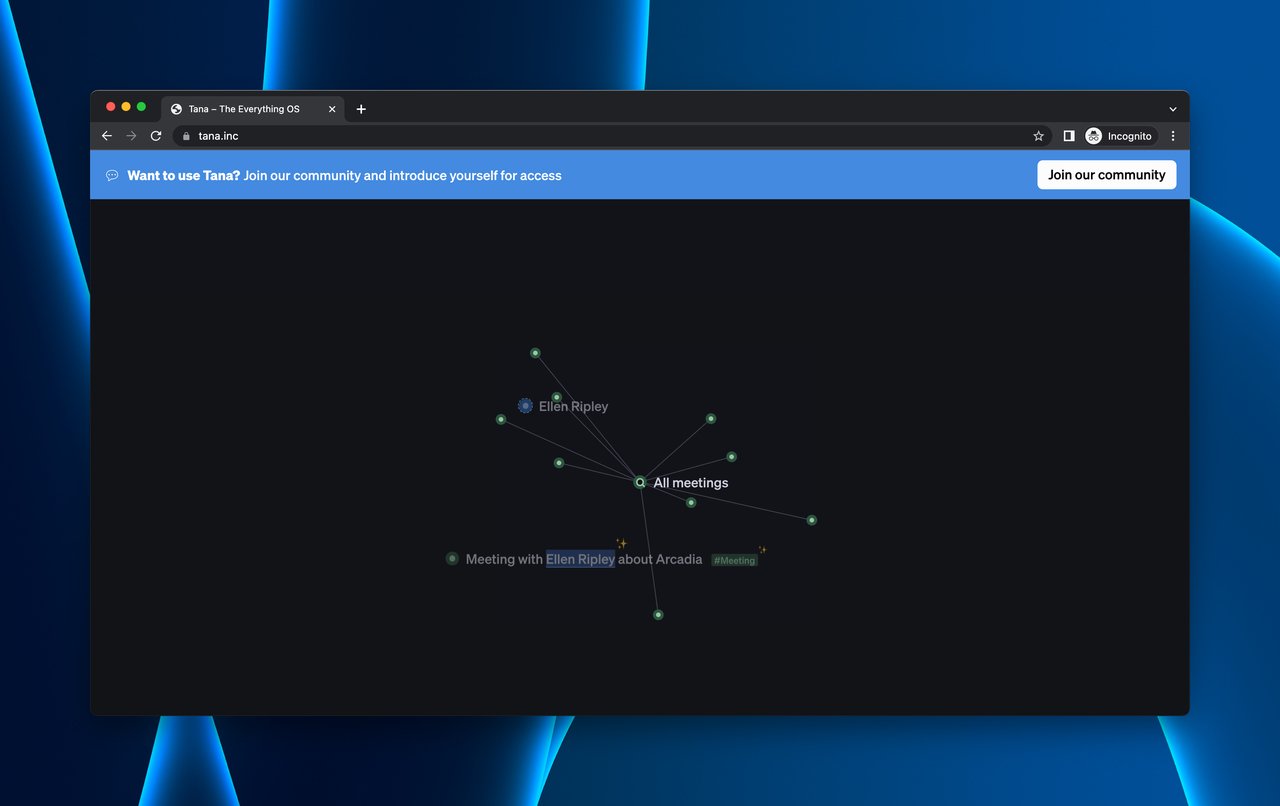 Tana productivity knowledge management coming soon page with feature walkthrough and early access gate