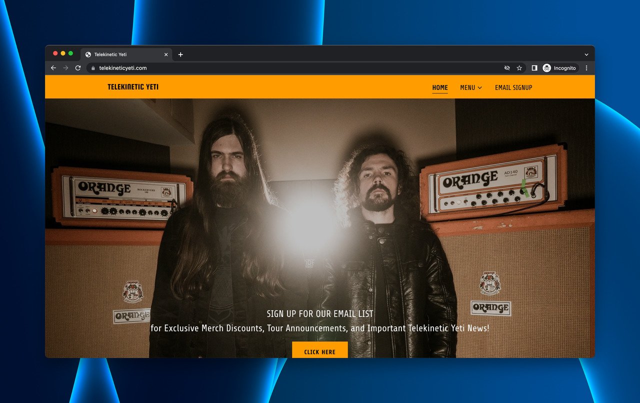 Telekinetic Yeti music band coming soon page with tour dates, concert videos, and social media links