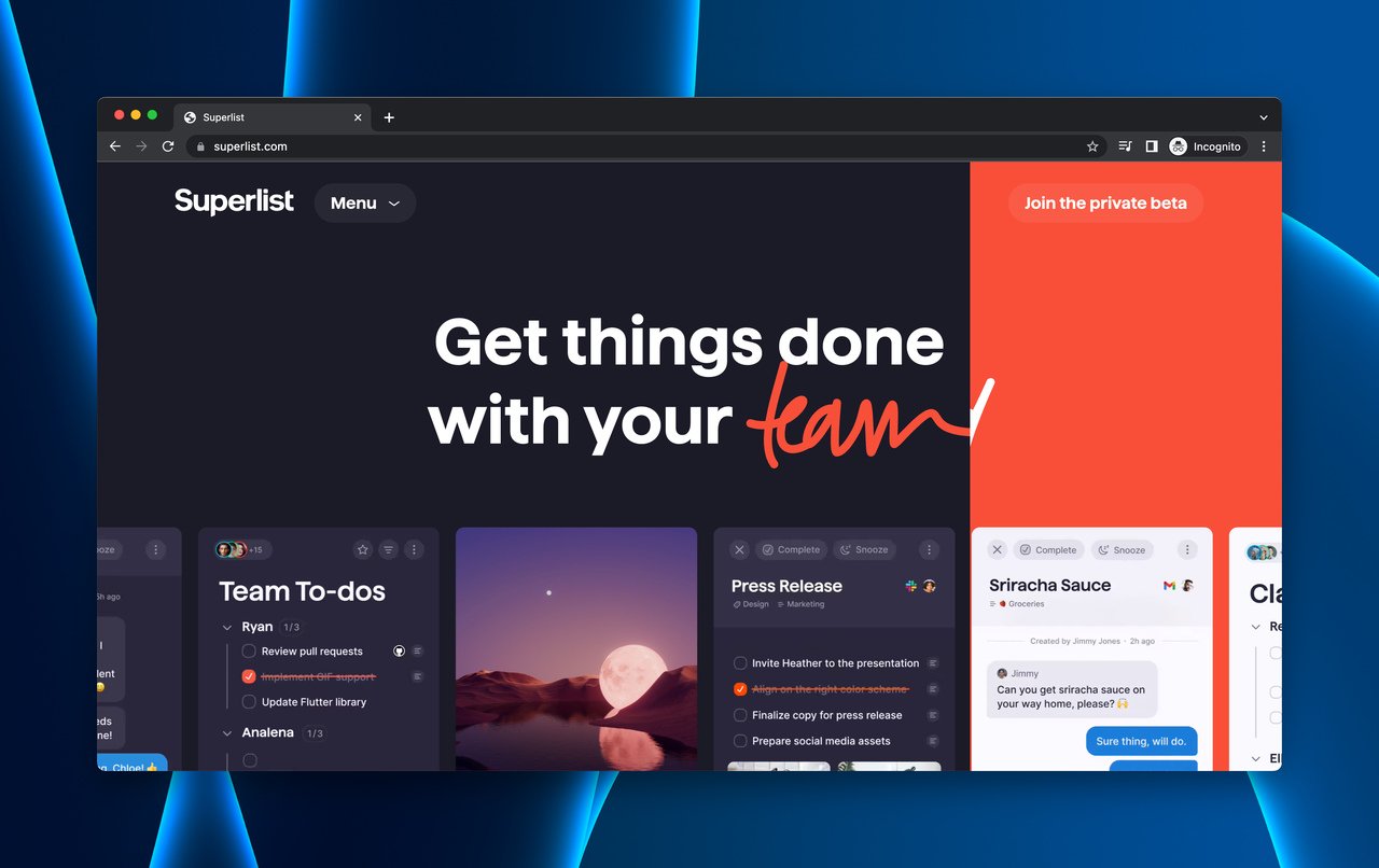 Superlist productivity app coming soon page with animated interactive design and private beta signup