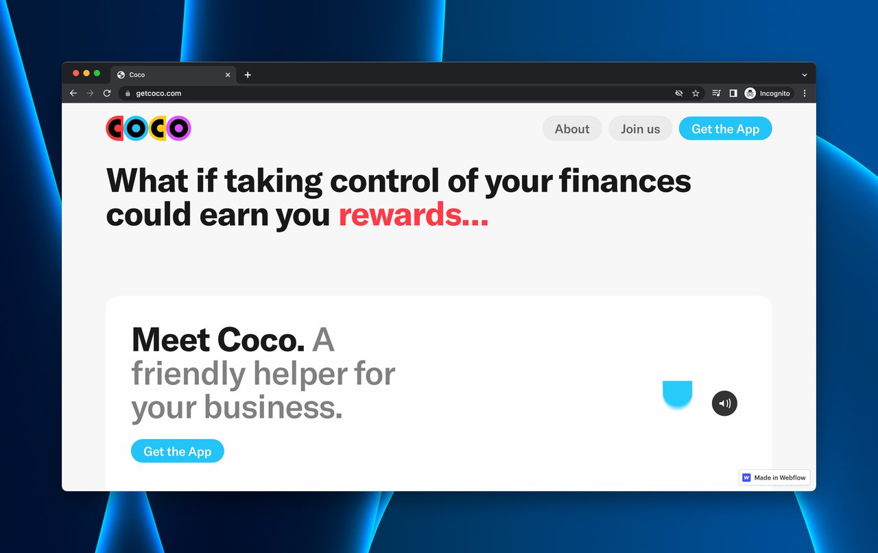 Coco finance app coming soon page with feature walkthrough and waitlist signup at page bottom