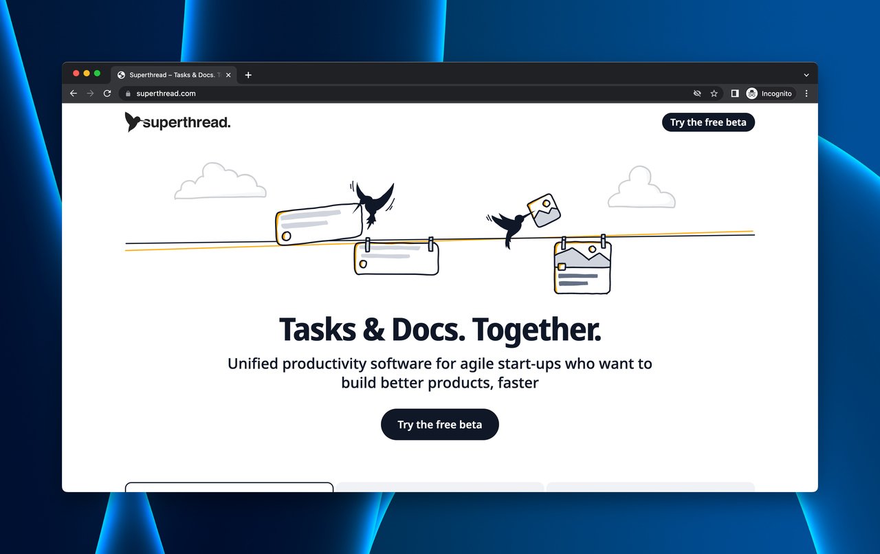 Superthread productivity app coming soon landing page with interactive feature demonstrations