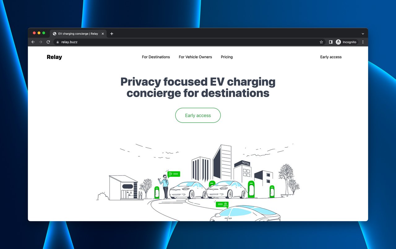 Relay EV management tool coming soon page with early access CTA button and feature overview