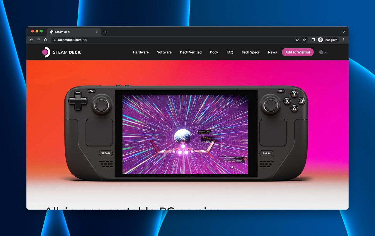 Steam Deck gaming PC coming soon page with product video hero and add to wishlist CTA button