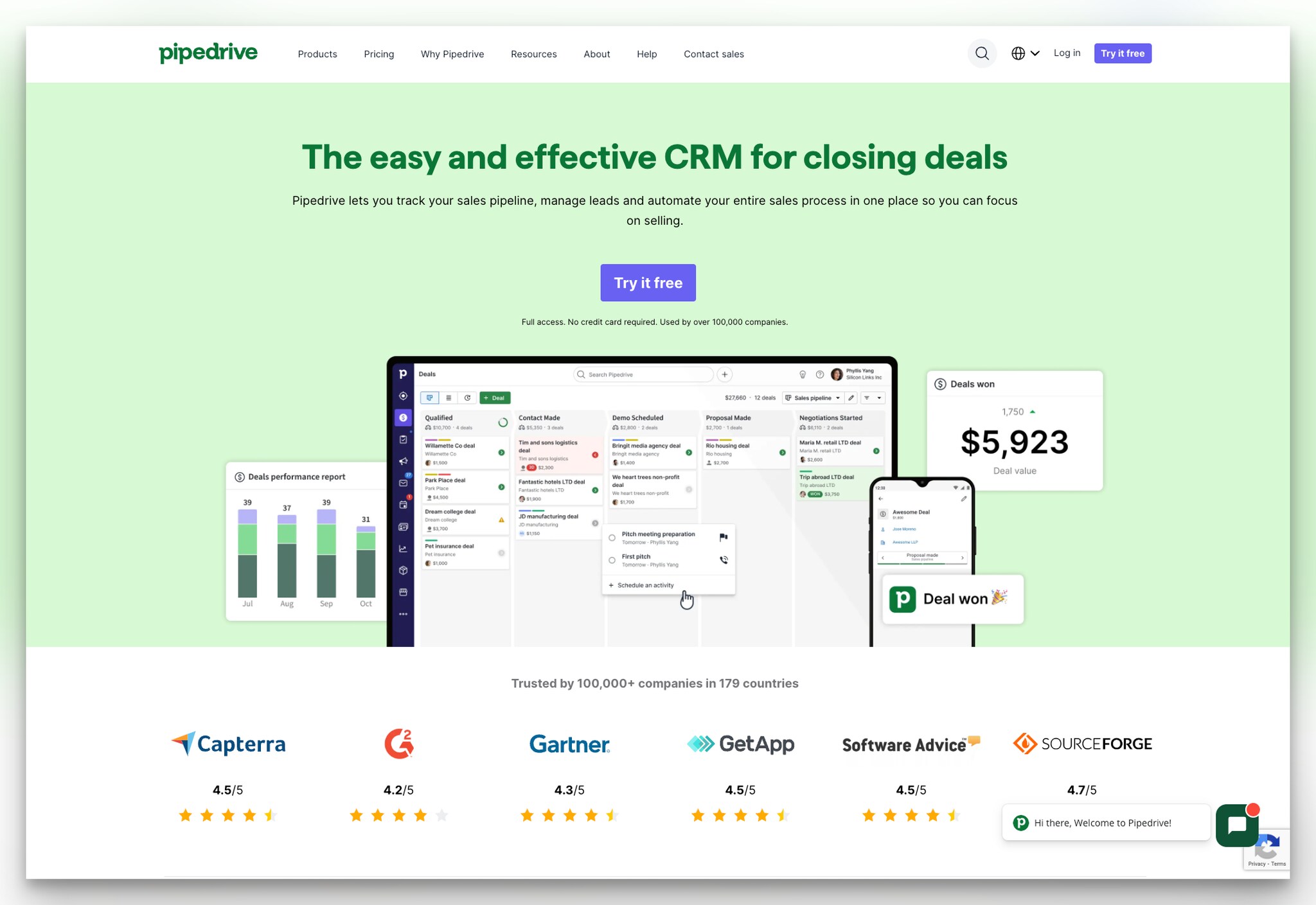 Pipedrive CRM landing page with easy-to-use CRM headline and free trial CTA button