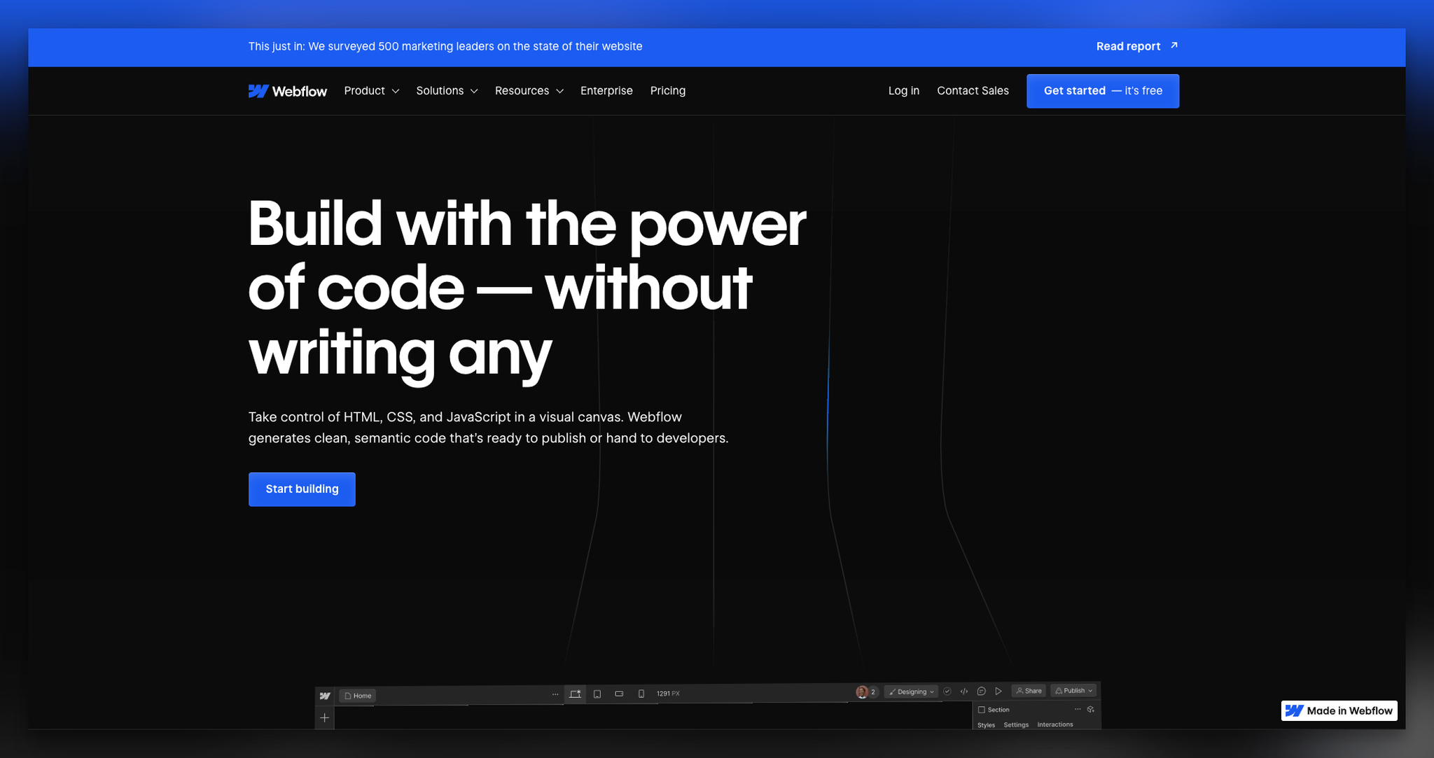 Webflow B2B landing page with code-free website builder headline and brand-color CTA