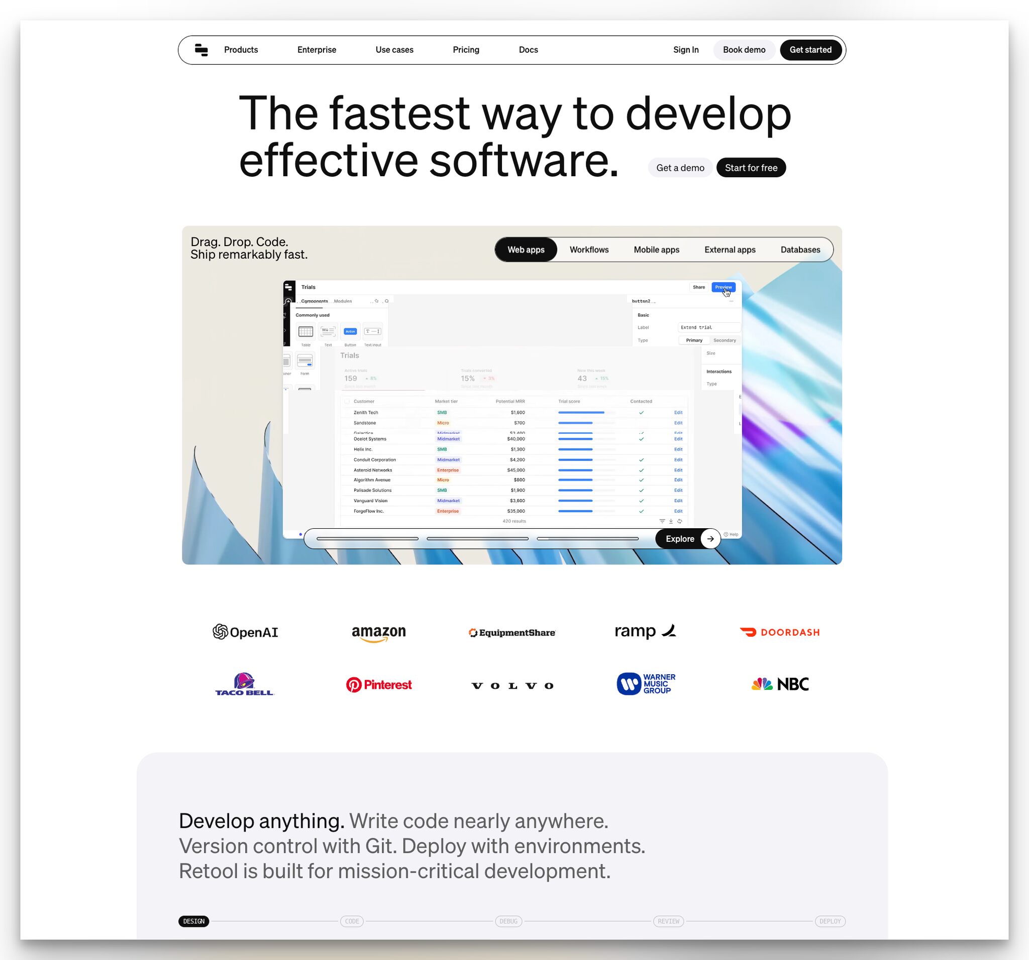 Retool developer tools landing page with ship faster headline and dual demo-free CTA buttons