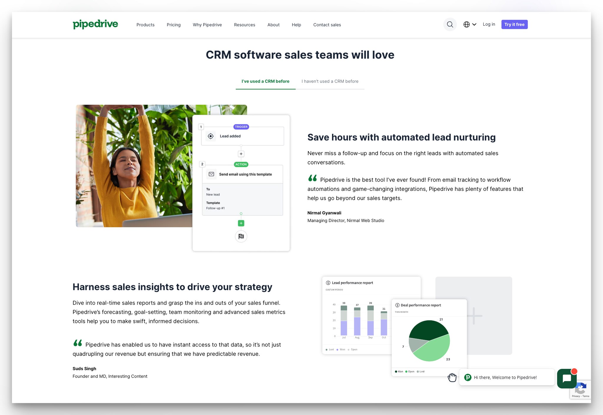 Pipedrive landing page with segmented user reviews for CRM beginners and experienced users