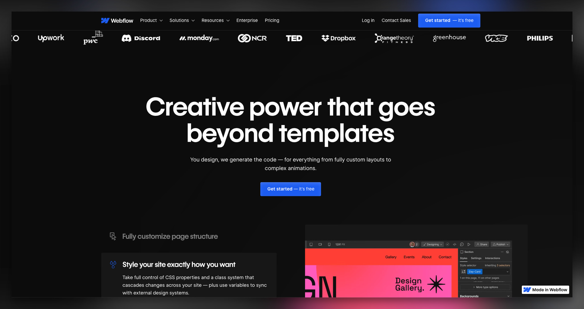 Webflow landing page with client logos and CMS feature breakdown with dashboard images