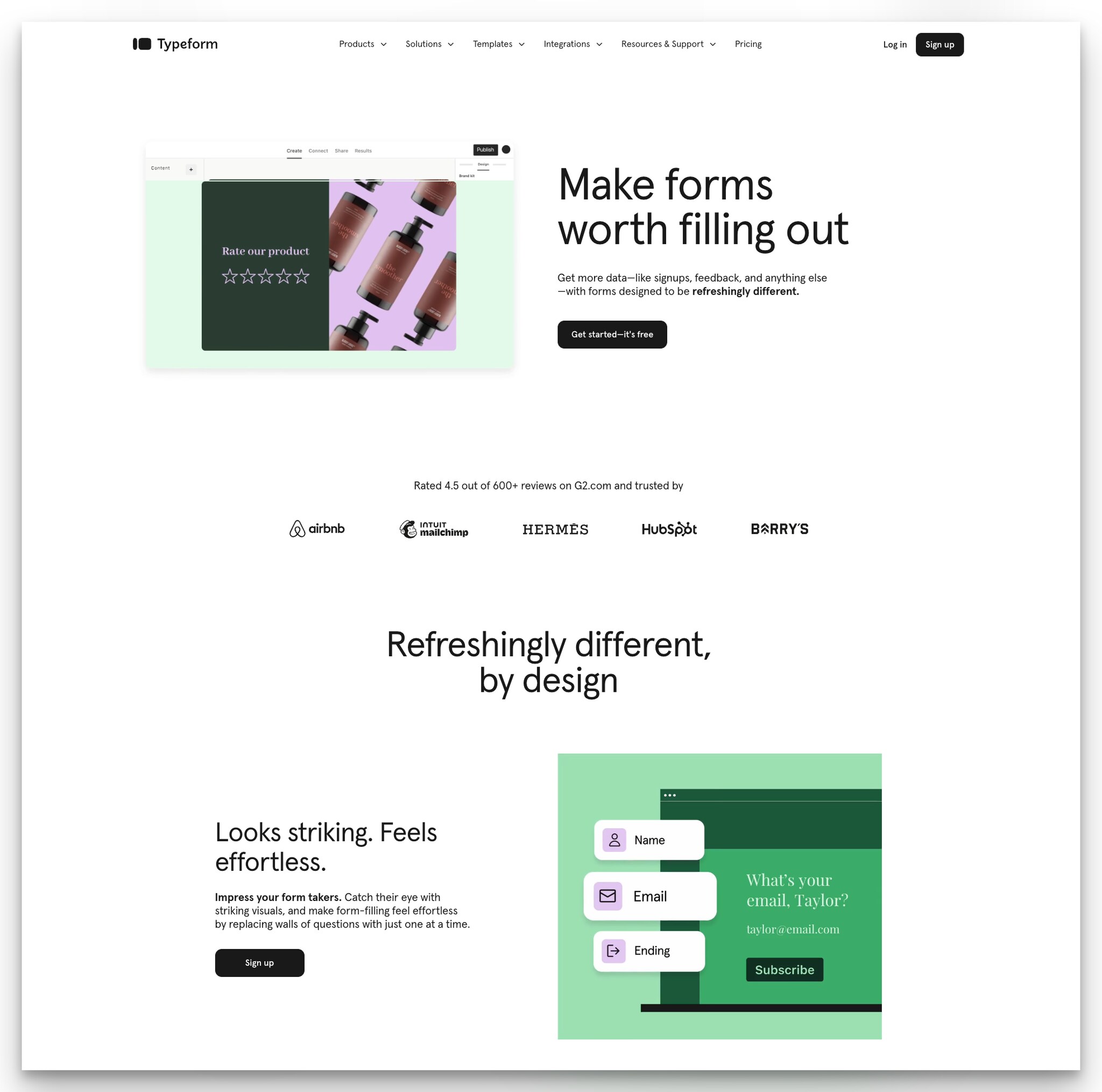 Typeform form builder landing page with G2 rating, review count, and client logos in one section