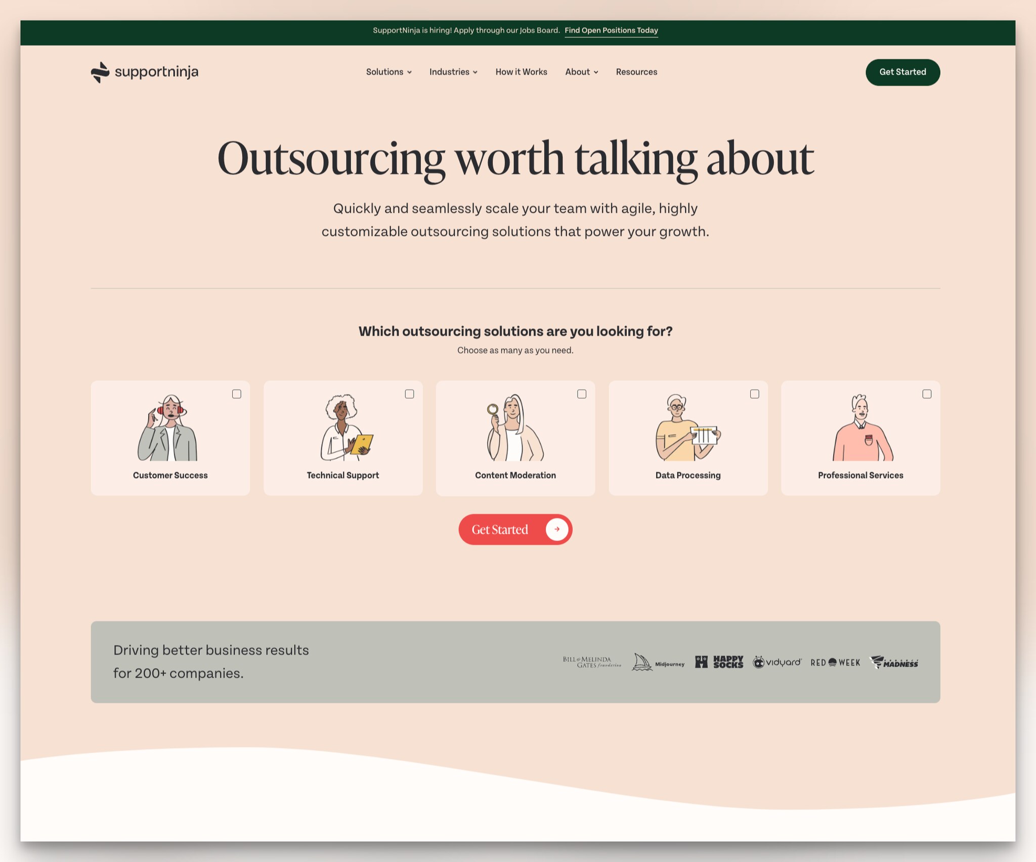 SupportNinja outsourcing platform landing page with multiple-choice qualification form