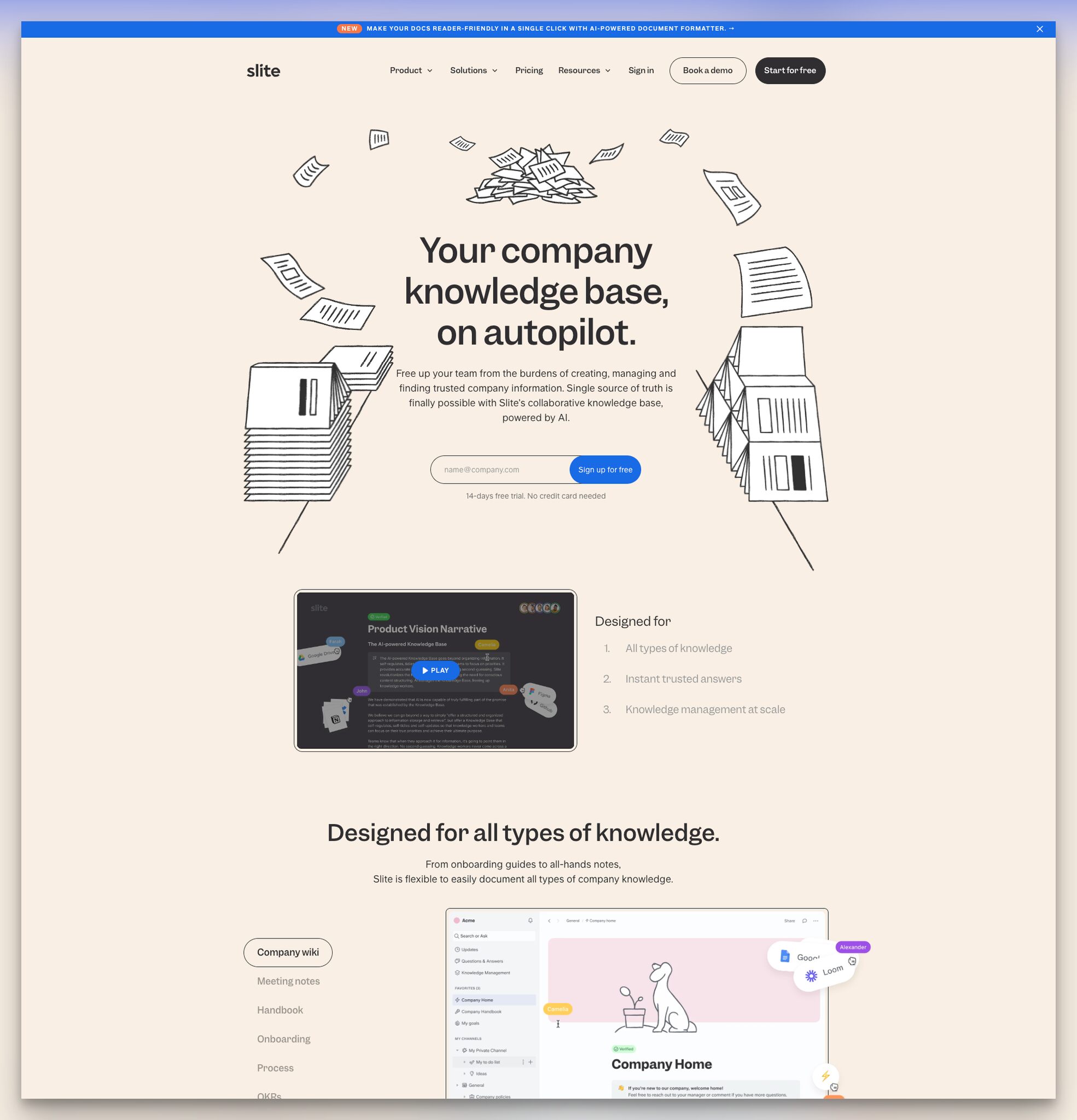 Slite knowledge base landing page with minimal design, email signup, and product video demo