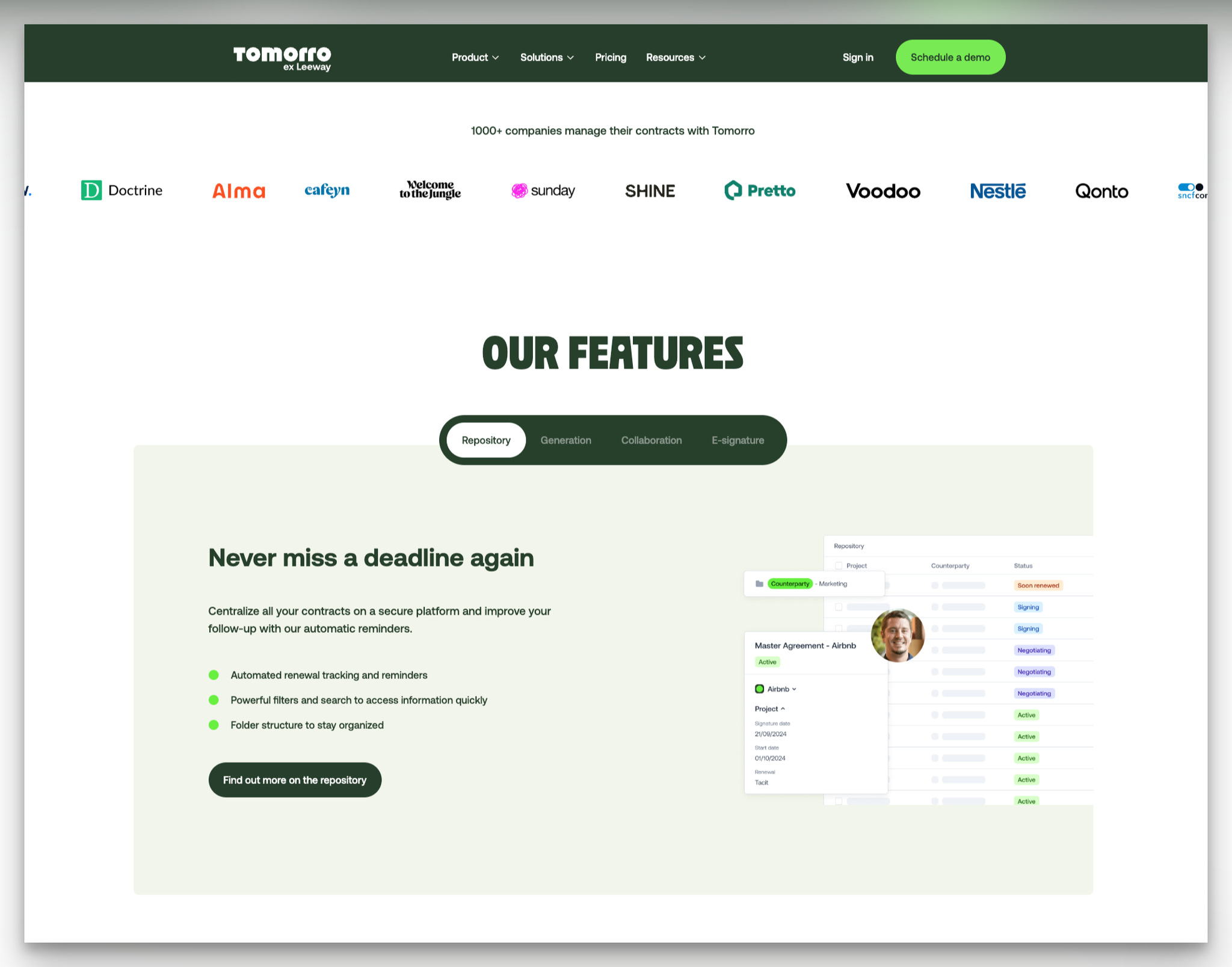 Tomorro landing page features section with social proof logos and detailed feature breakdowns
