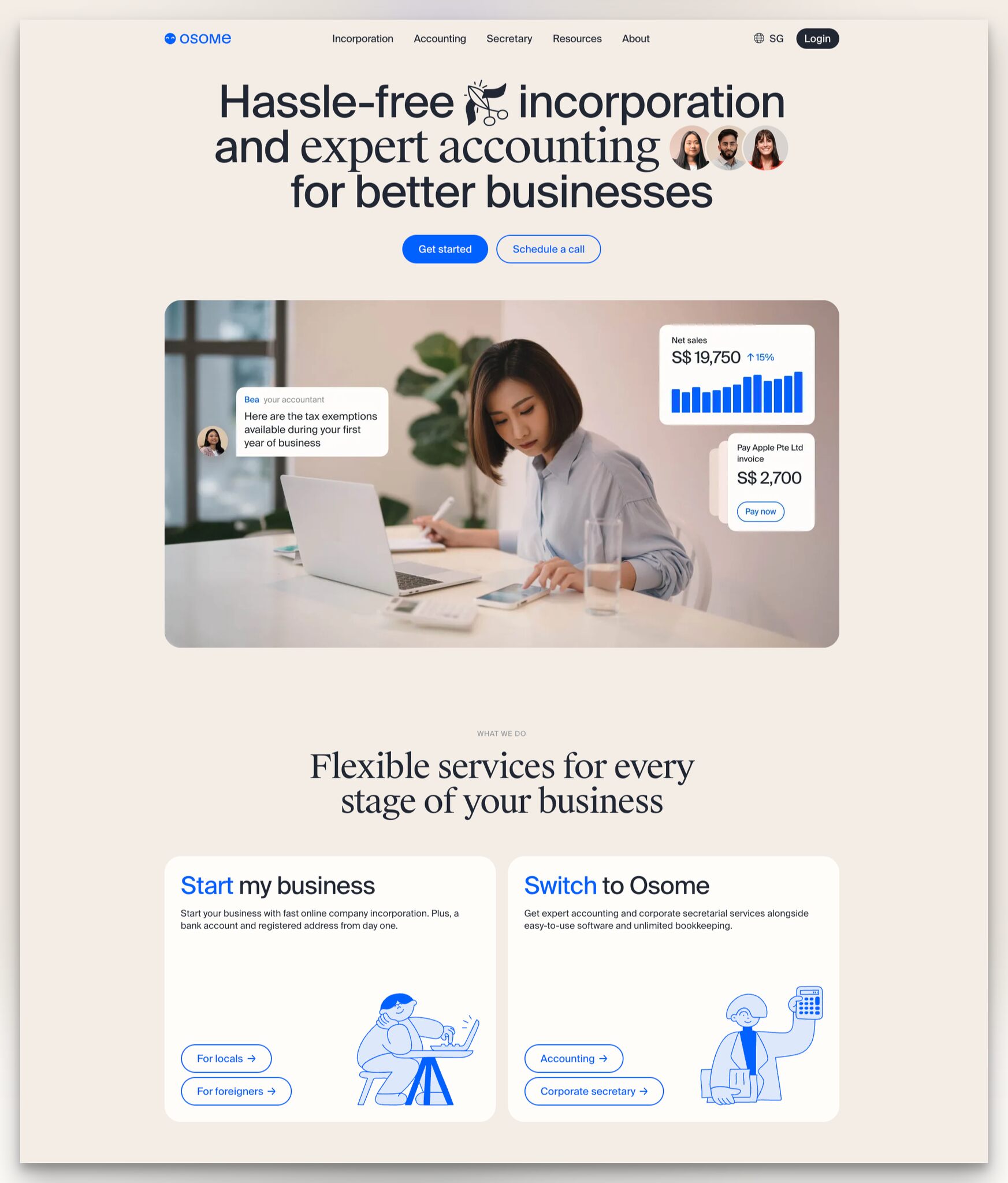 Osome accounting platform landing page with real person photo, text message screenshot, and invoice data