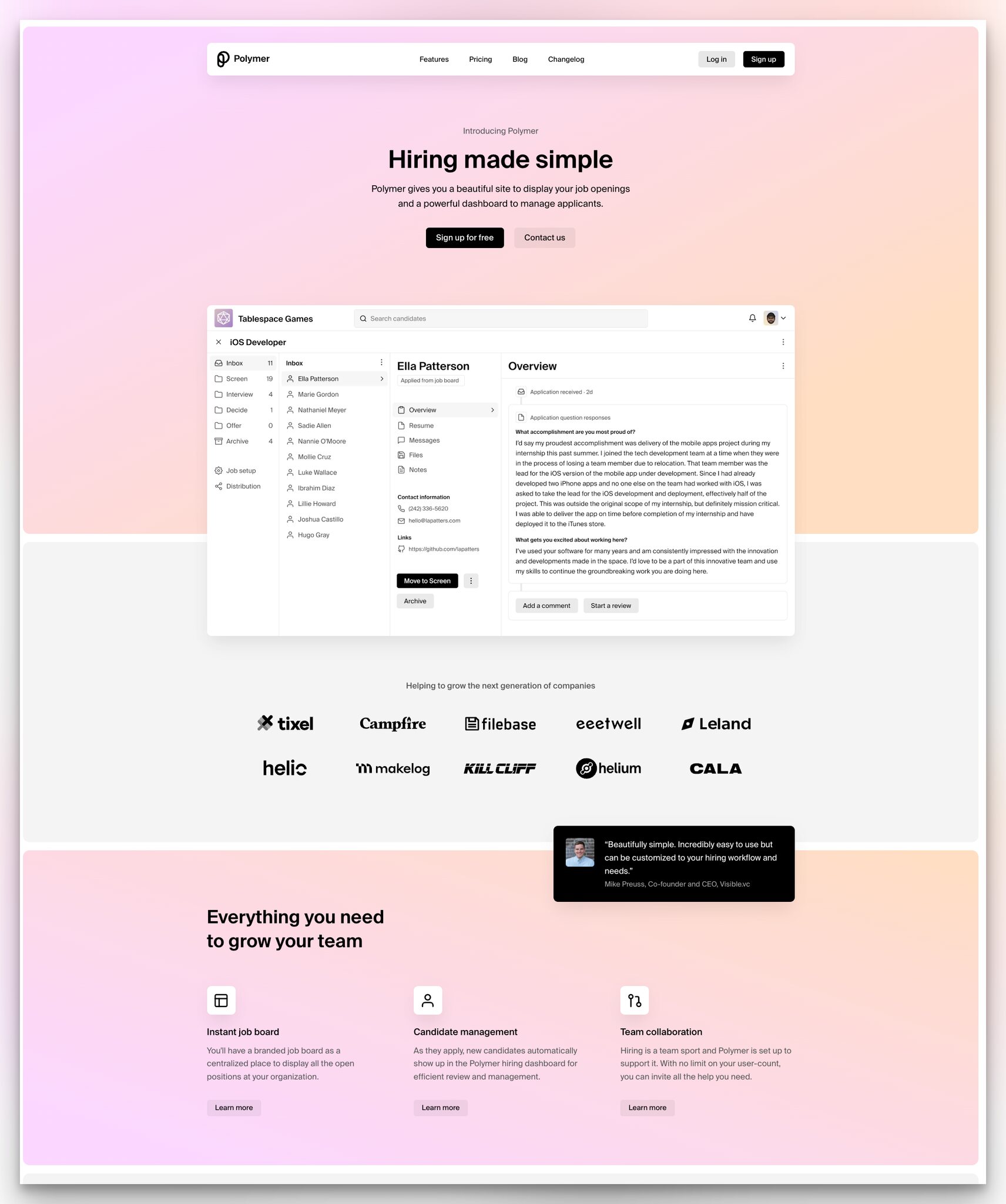 Polymer HR analytics landing page with pastel colors, user testimonial, and feature list with learn more links