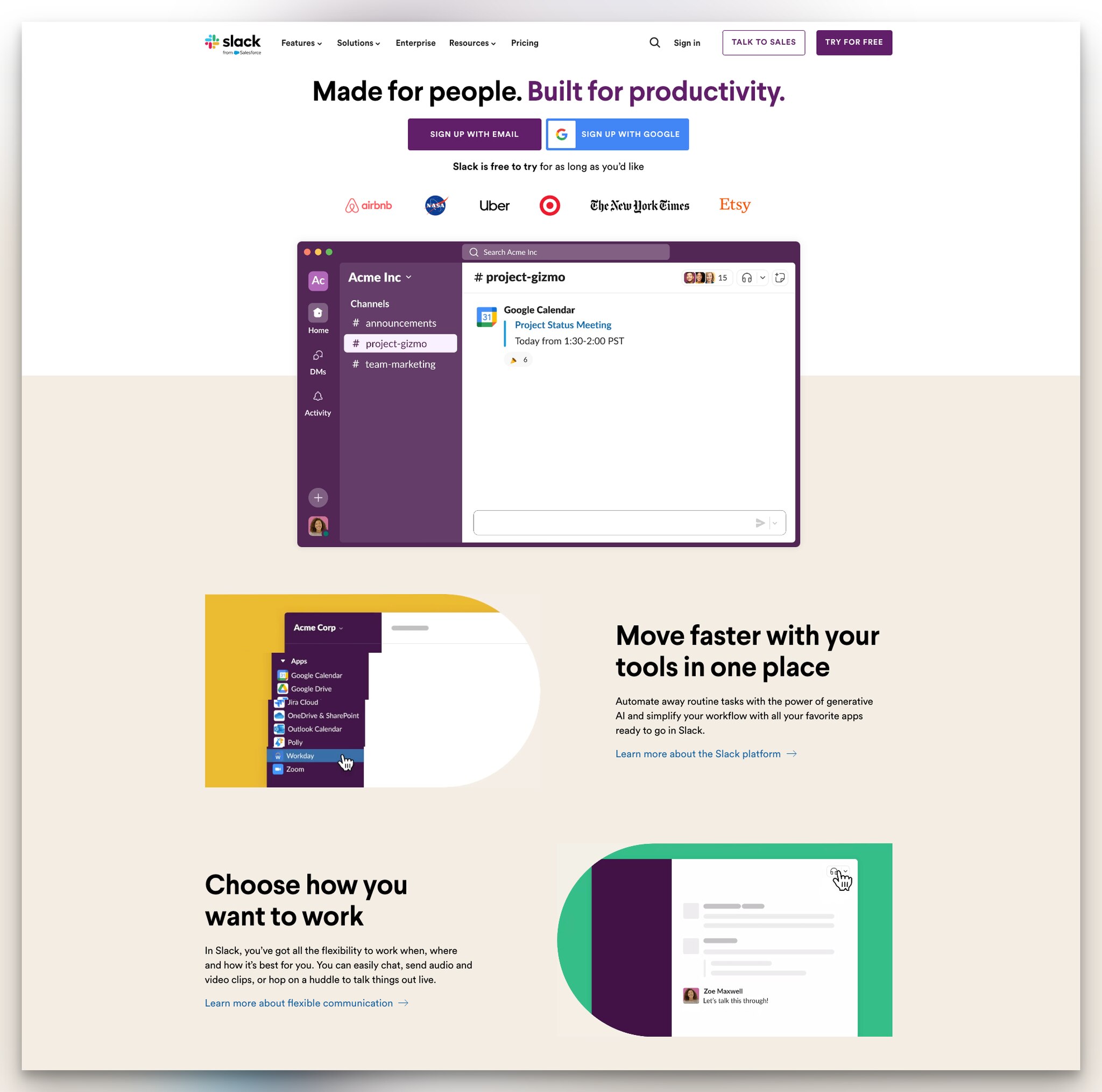 Slack team communication landing page with email and Google signup buttons and client logos