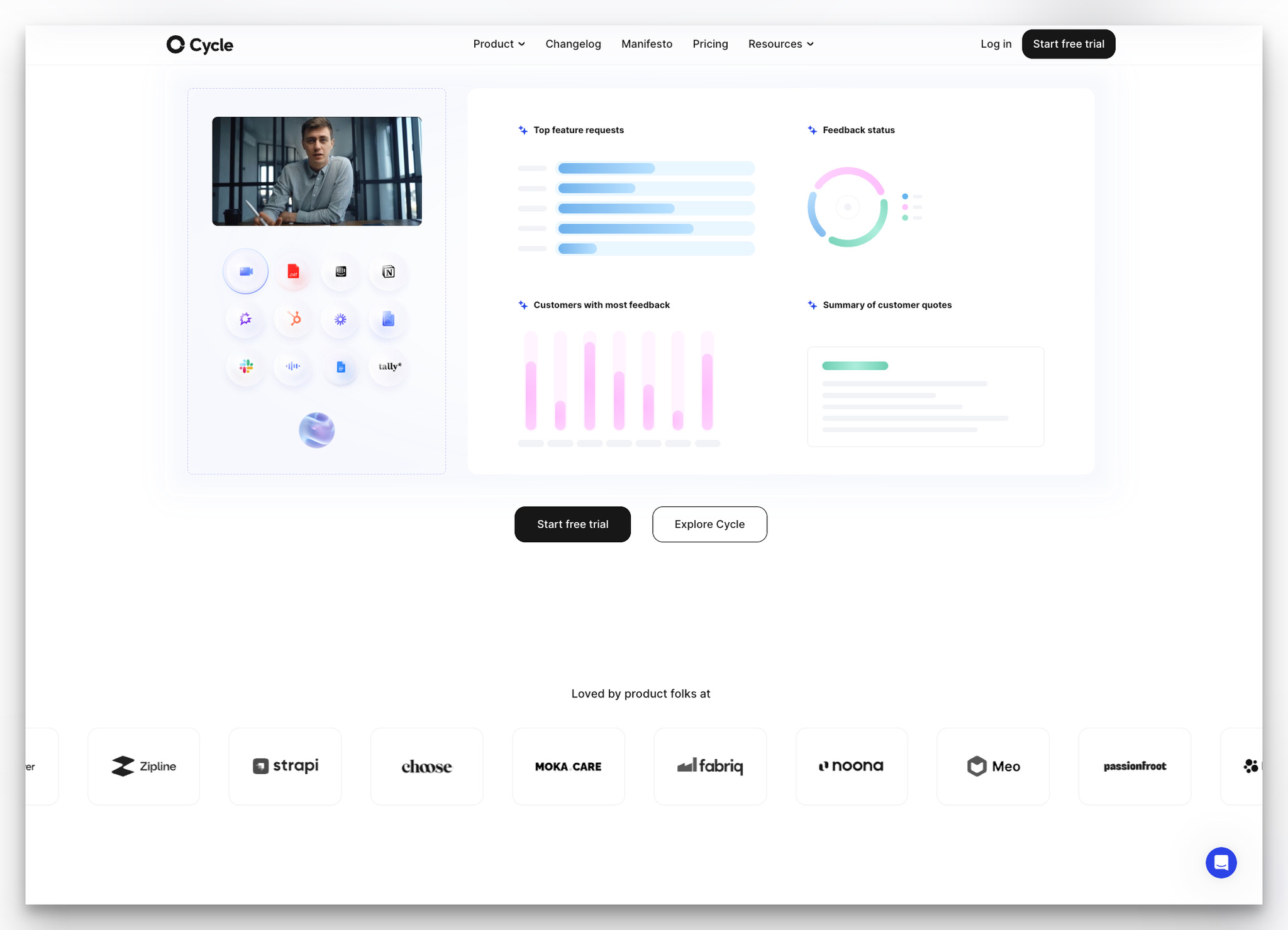 Cycle landing page showing product UI and testimonials from product teams