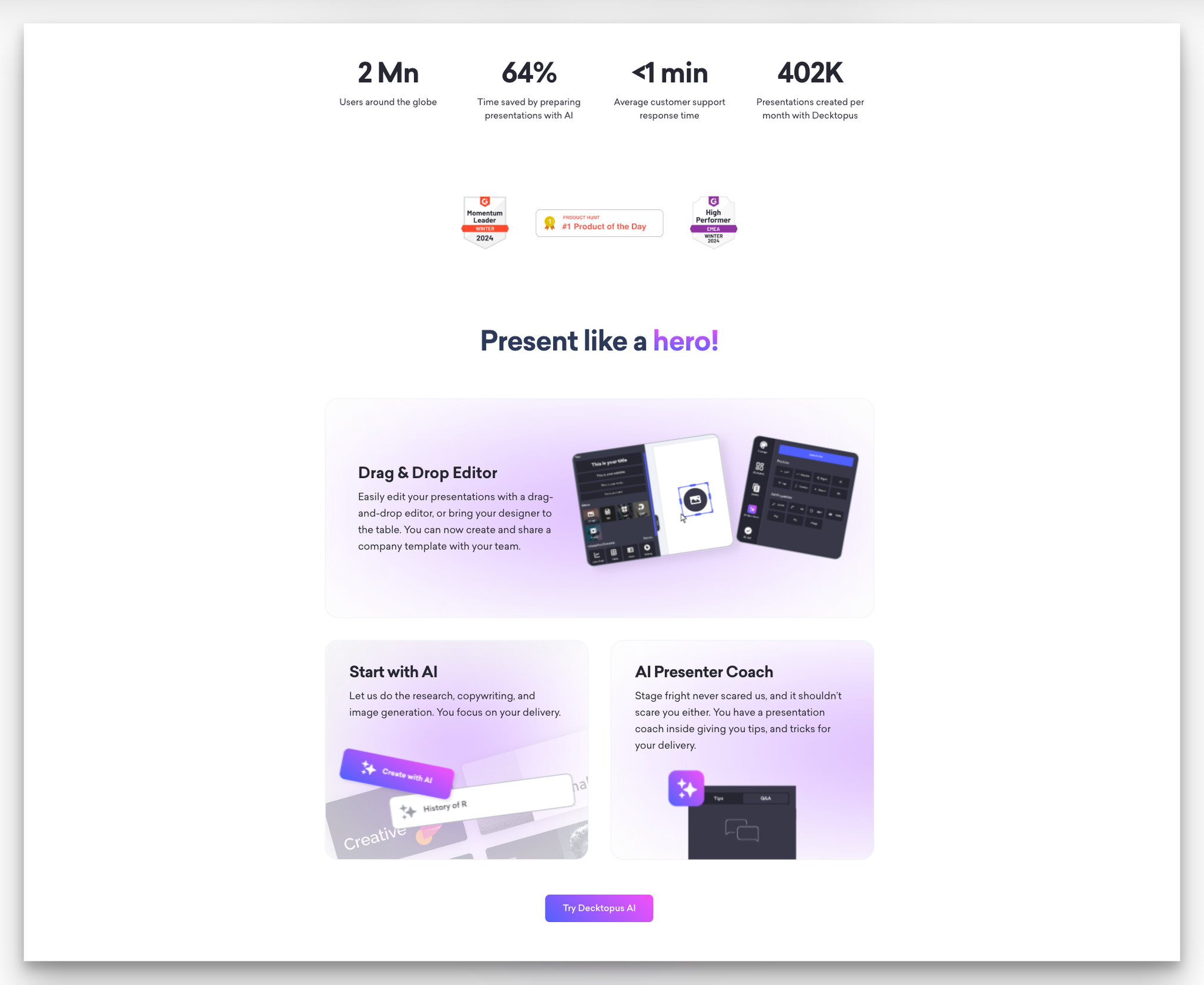 Decktopus landing page showing usage statistics, trust badges, and feature breakdown