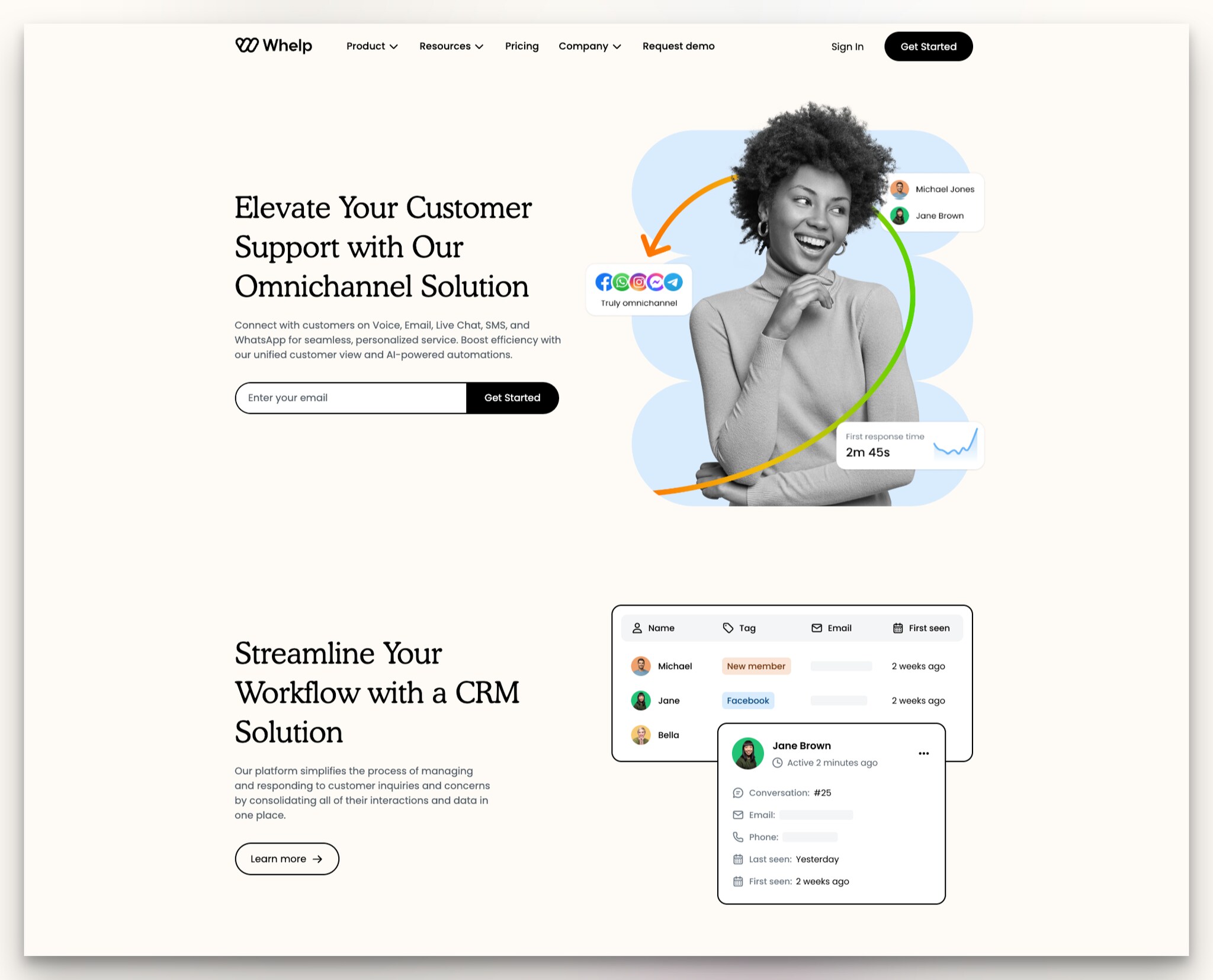 Whelp omnichannel customer support landing page with hero email input and platform integration illustration