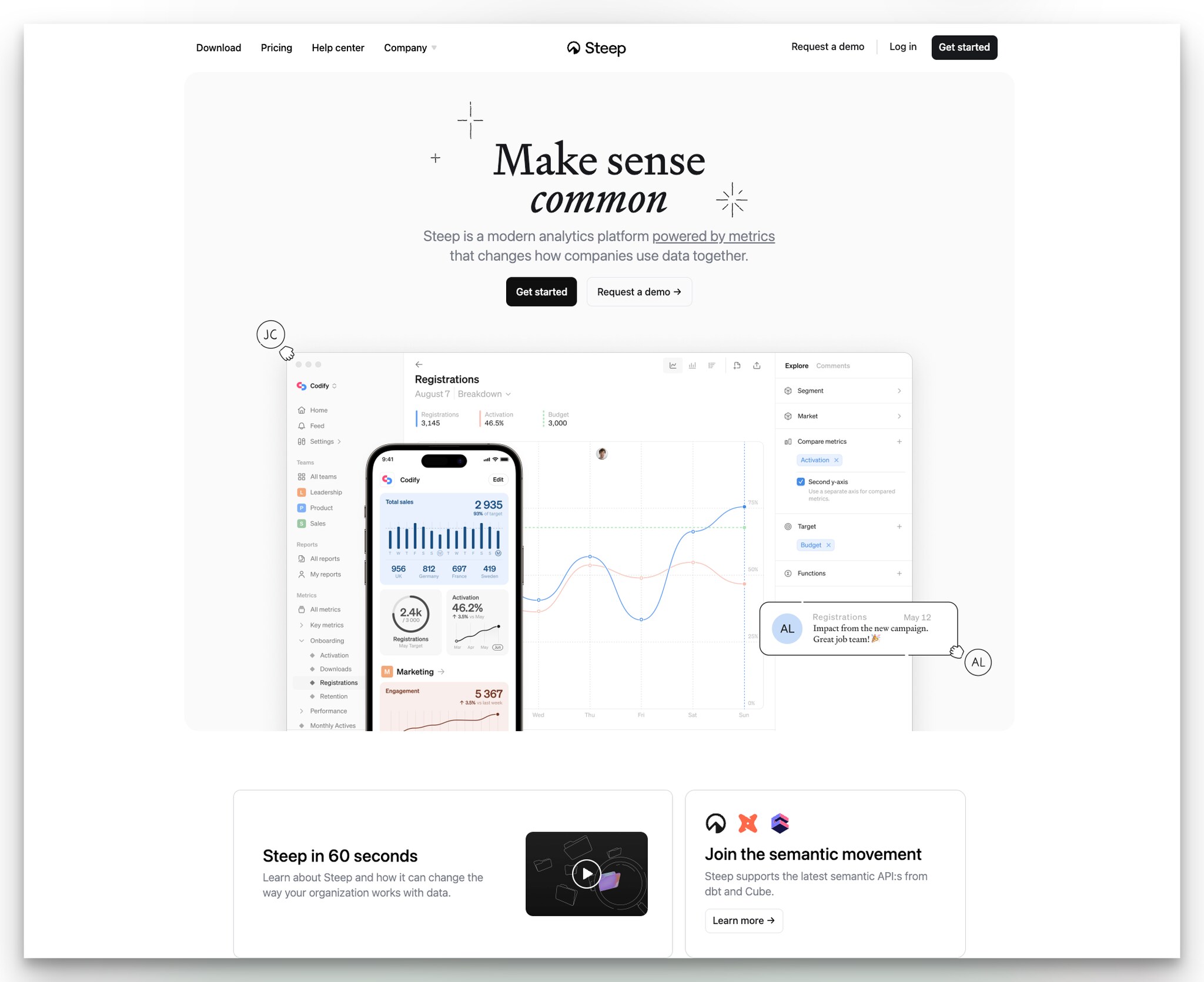 Steep analytics platform landing page with minimal design showing mobile and desktop UI side by side