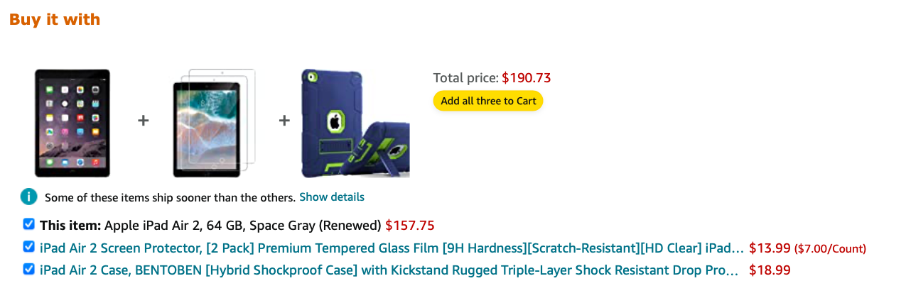 Amazon iPad product page showing Buy It With bundling section with case and screen protector