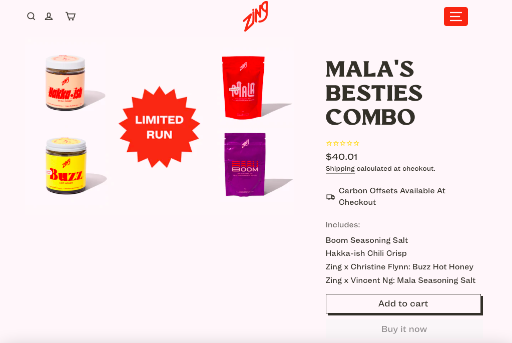 Zing Mala's Besties Combo limited-run product bundle with star ratings and pricing