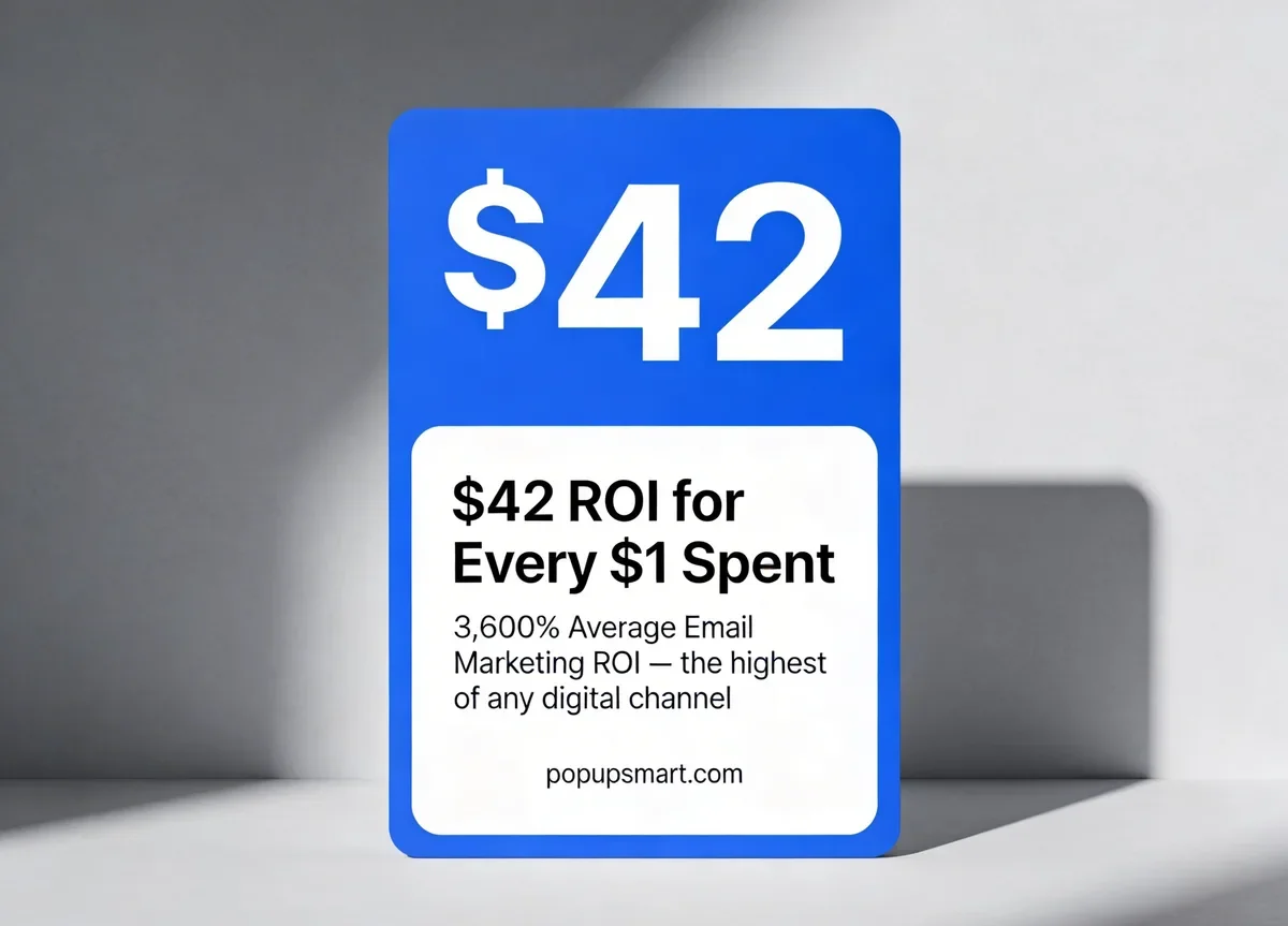 Email marketing ROI stat card showing $42 return for every $1 spent, representing 3,600% ROI — the highest of any digital marketing channel