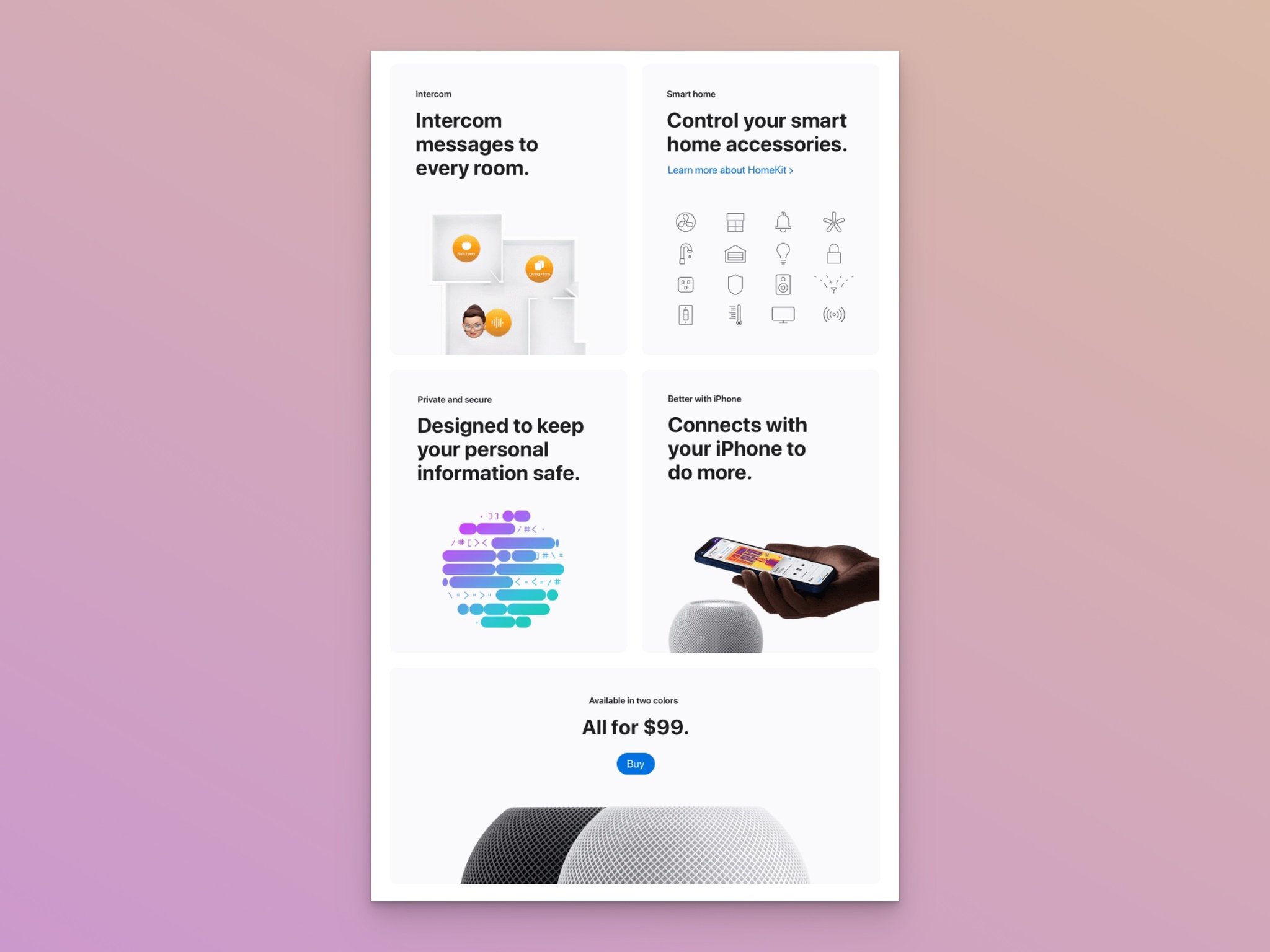 Apple HomePod mini email showing product features with minimal design