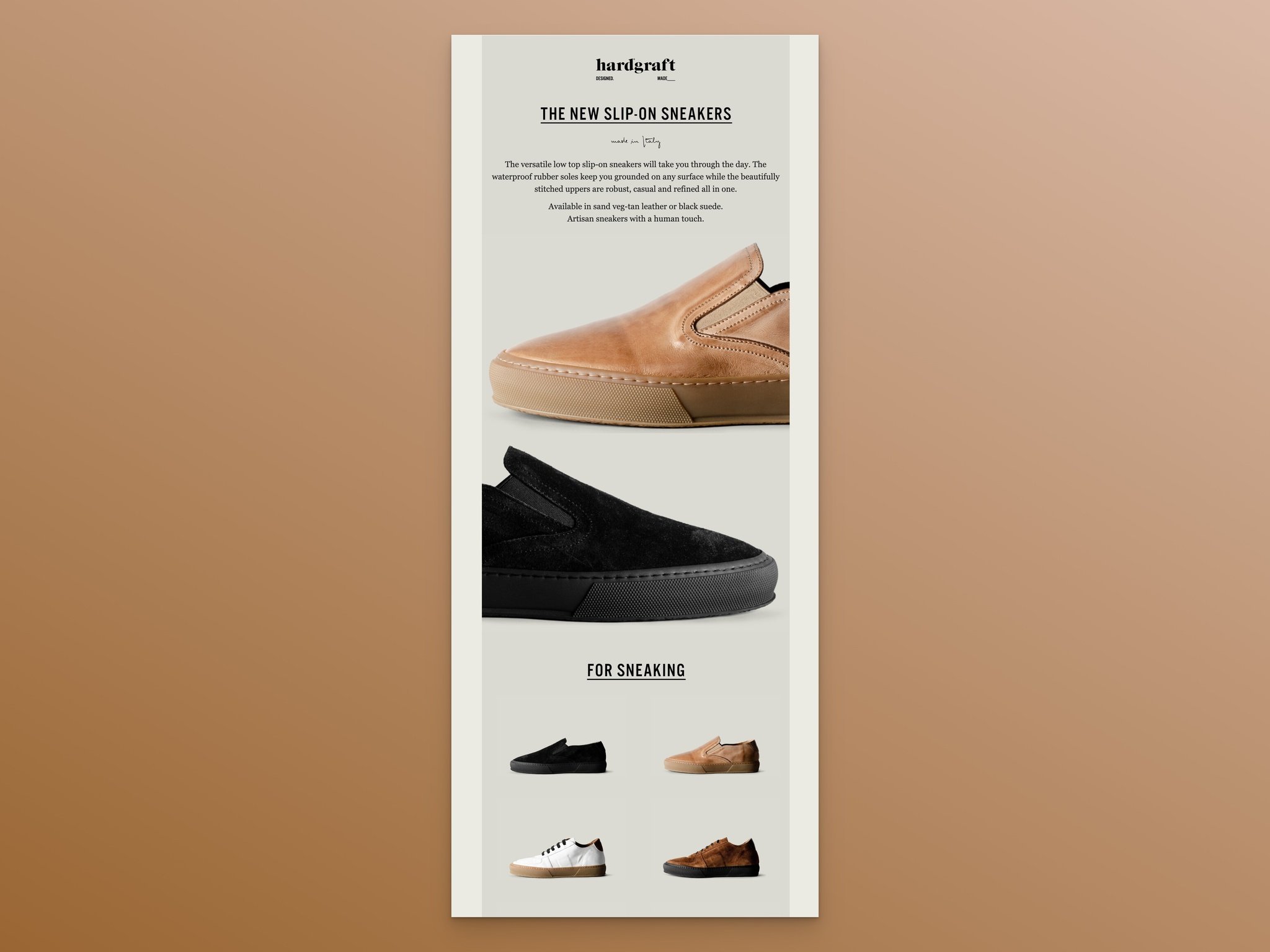 Hardgraft slip-on sneakers new arrival email with product photography