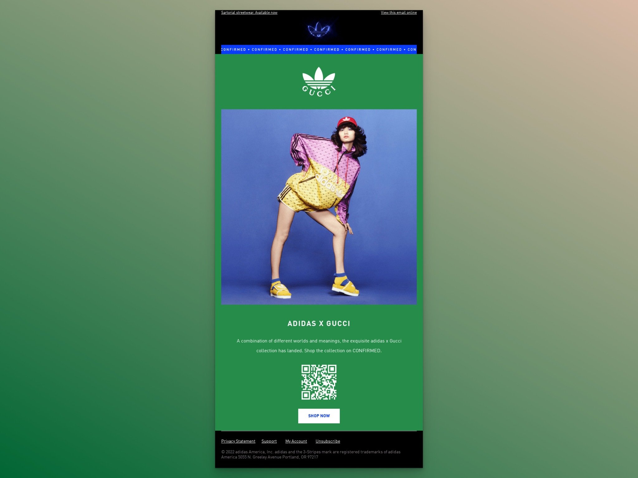 Adidas x Gucci new arrival email featuring dual brand logos and collection imagery