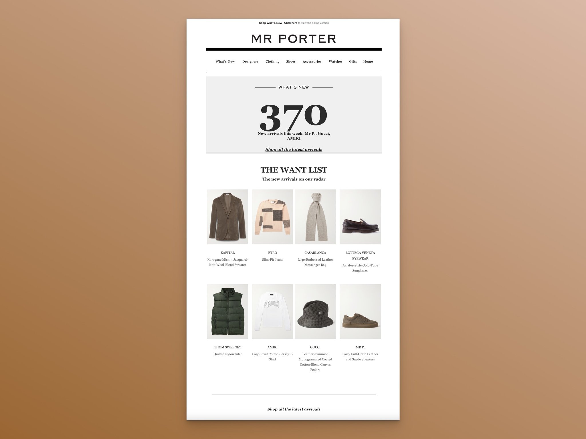 Mr. Porter new arrival email showcasing 370 curated products with want list