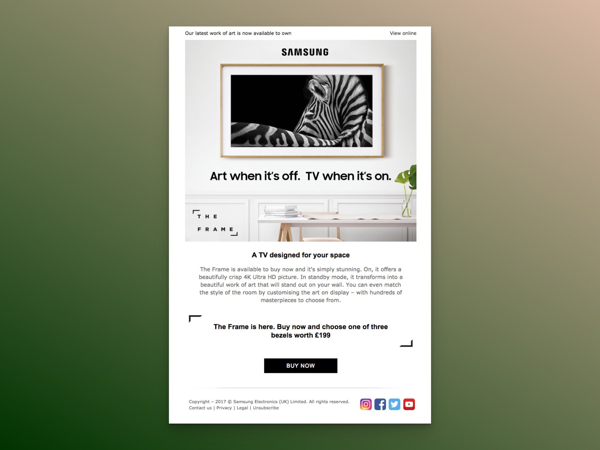 Samsung The Frame TV new arrival email with art when its off TV when its on headline