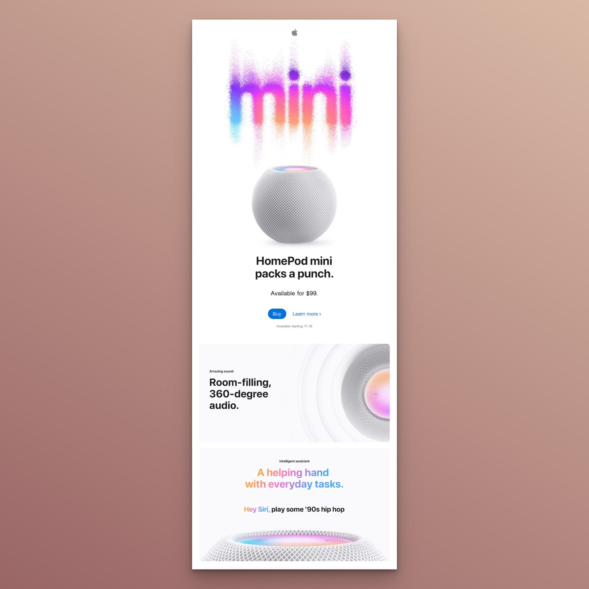 Apple HomePod mini new arrival email with product pricing and buy CTA