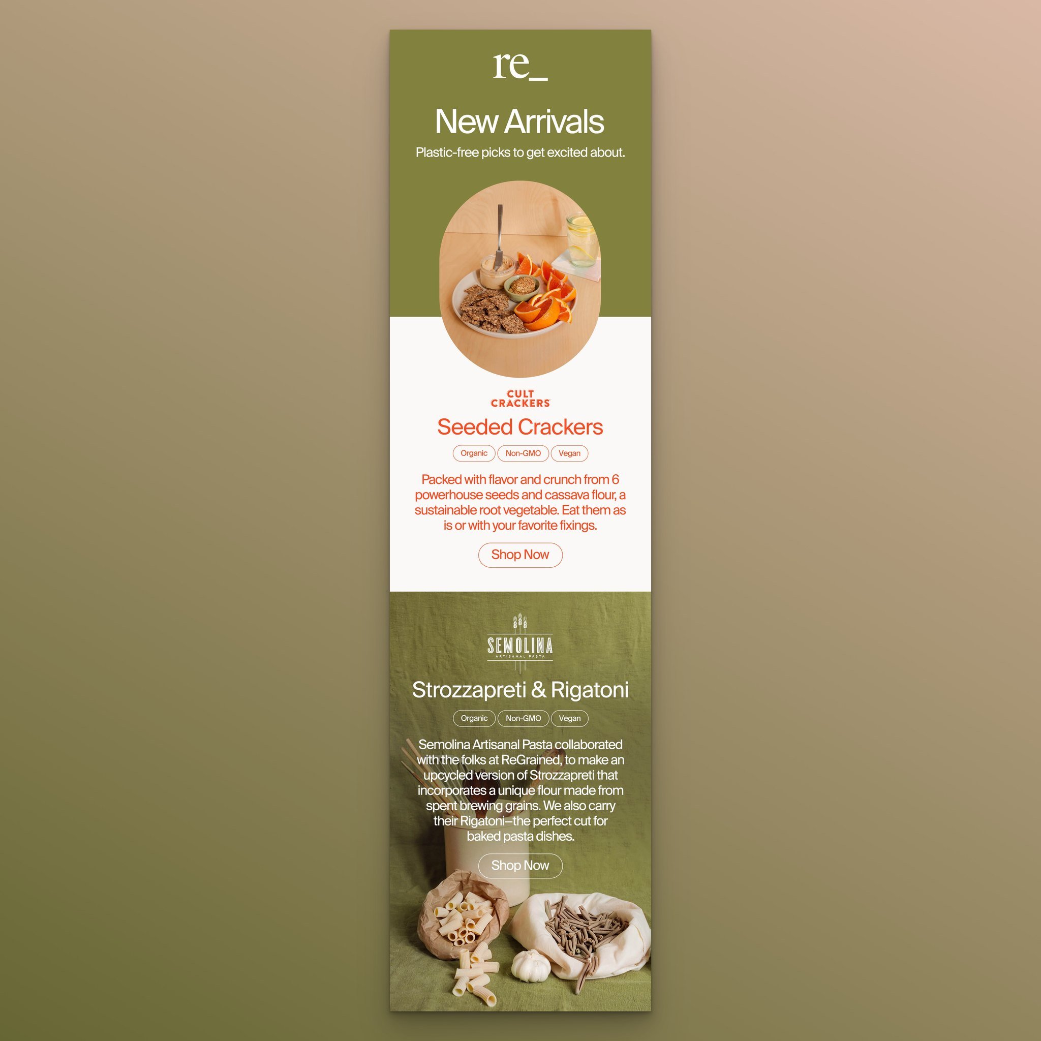 re_grocery new arrival email promoting plastic-free organic products