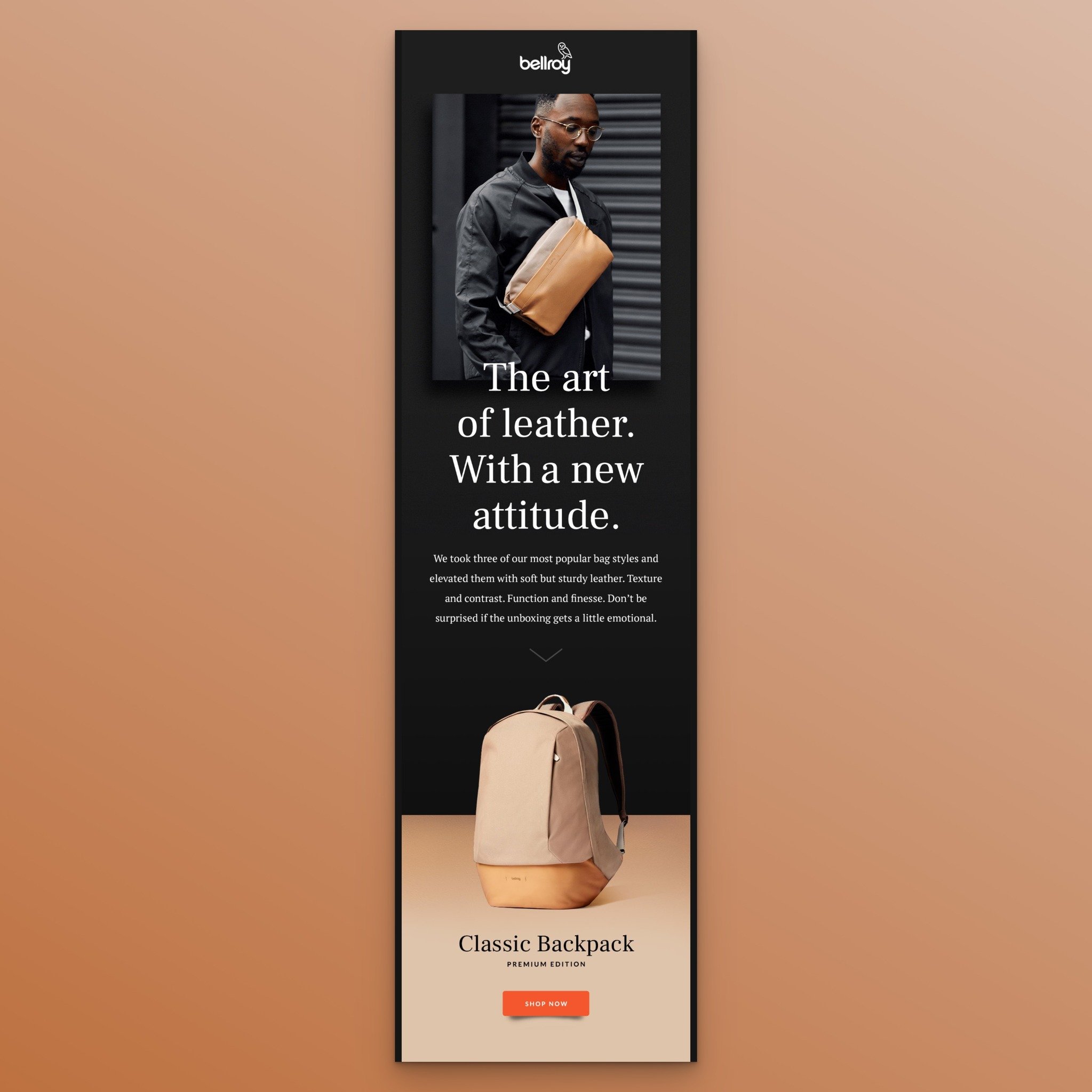 Bellroy Premium collection launch email with leather craftsmanship imagery
