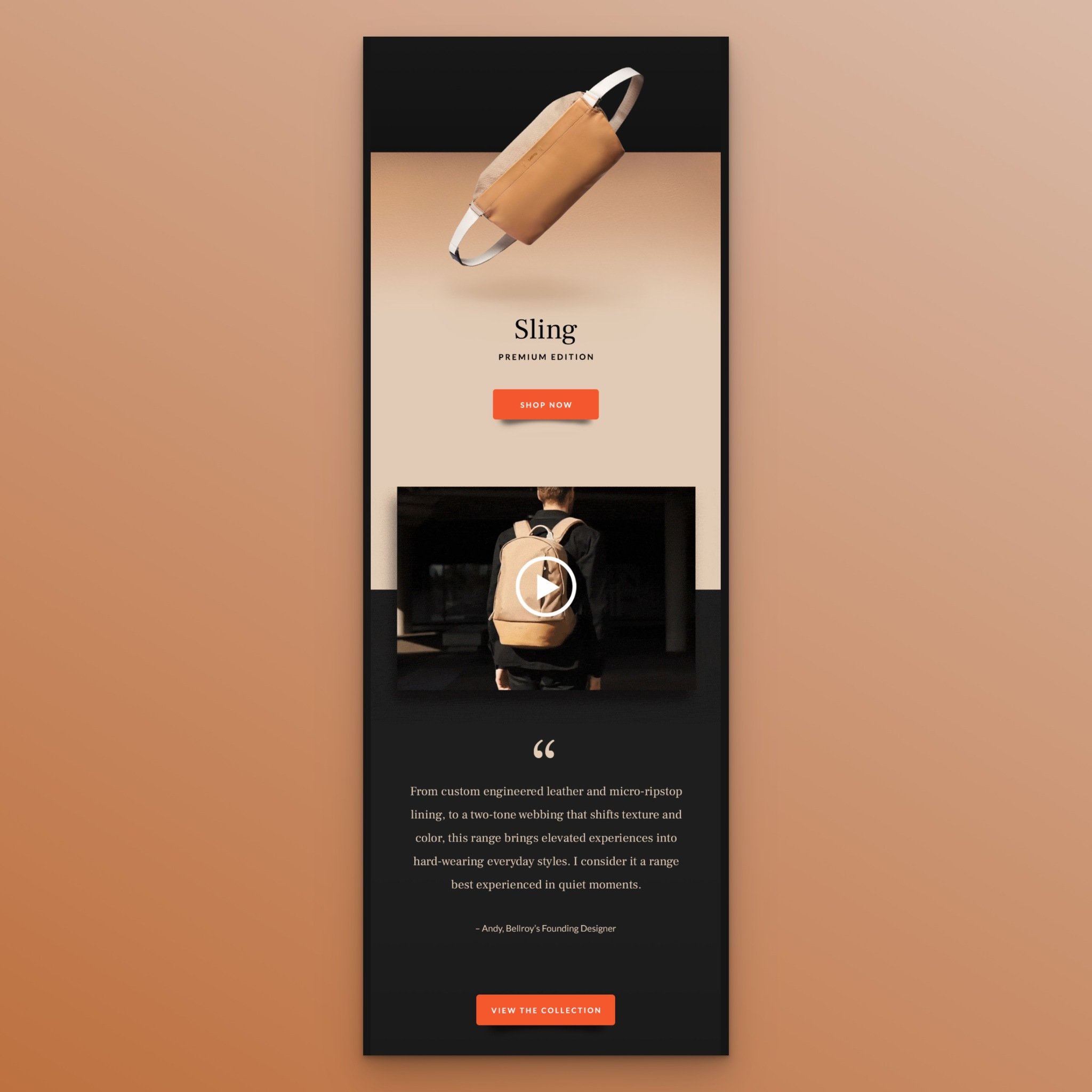 Bellroy email with product video and founding designer quote