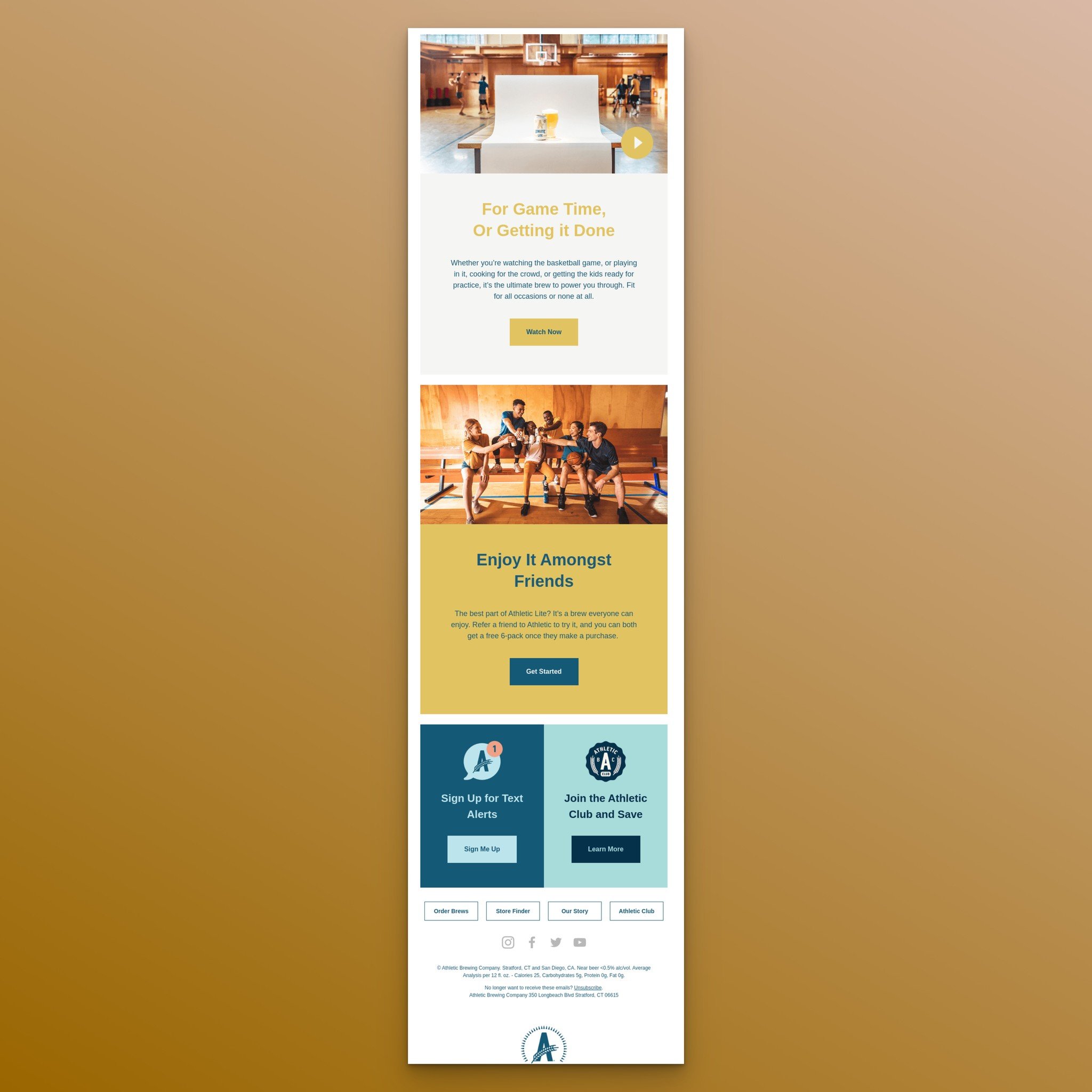 Athletic Brewing Co email with friends enjoying product and loyalty program CTA