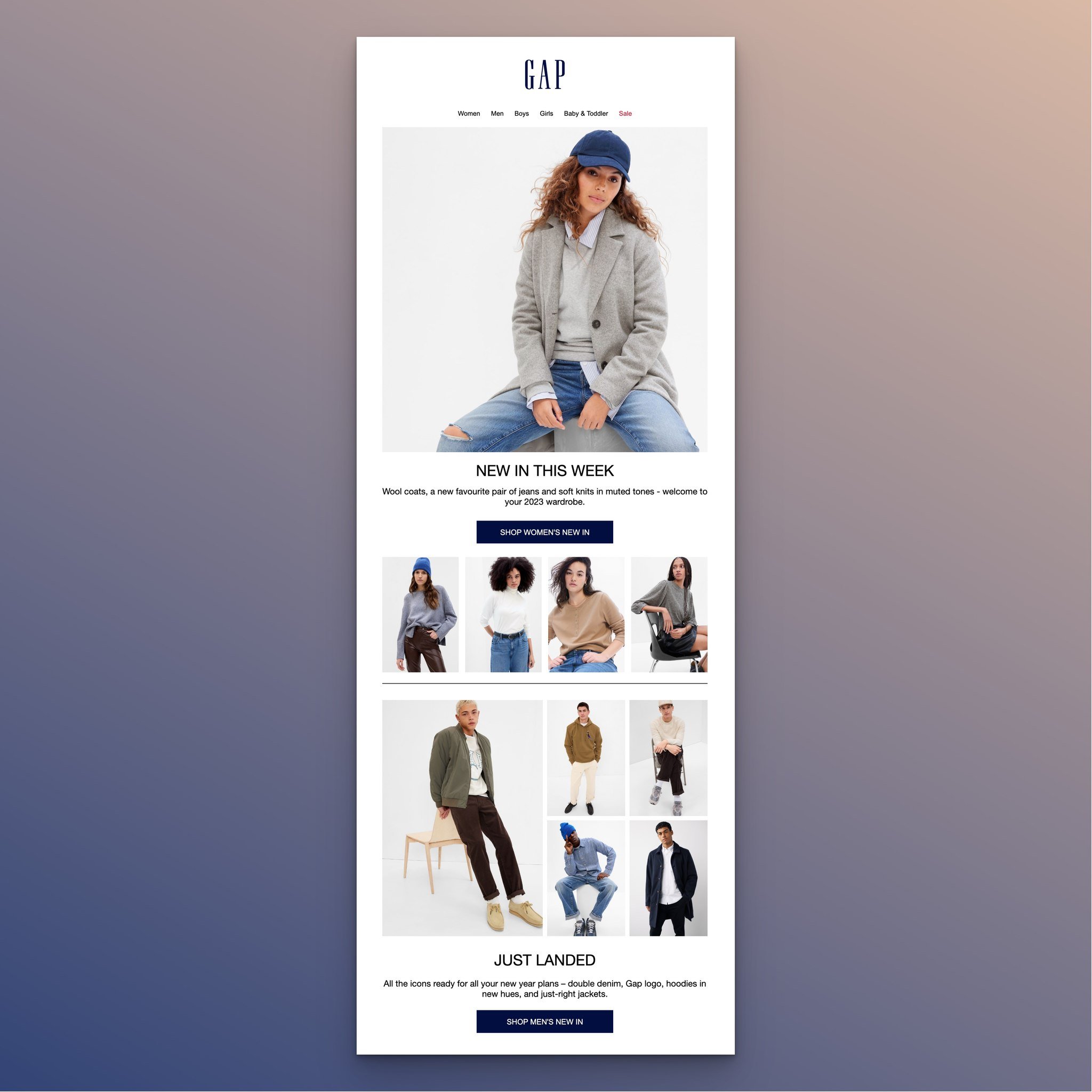 GAP new in this week email with women collection image and shop CTA