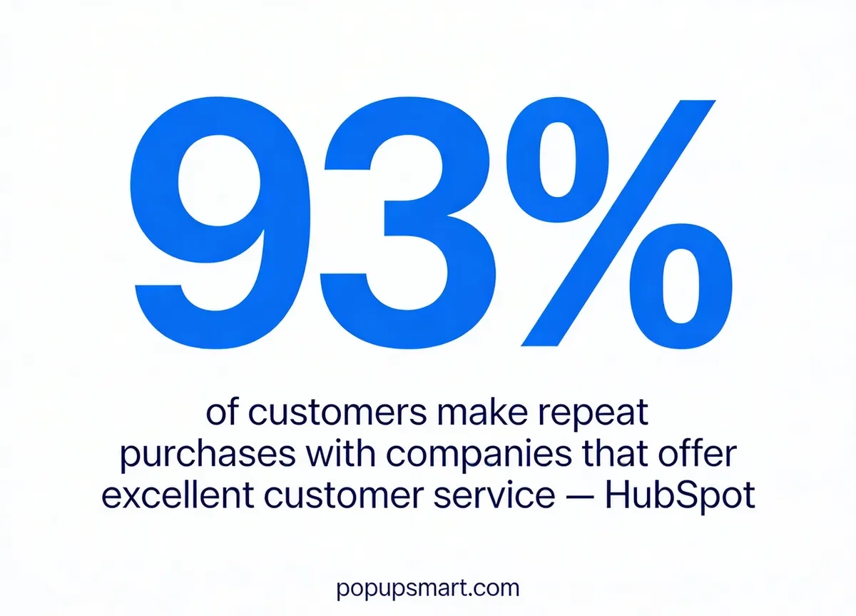 Stat card showing 93% of customers make repeat purchases with companies offering excellent customer service, sourced from HubSpot